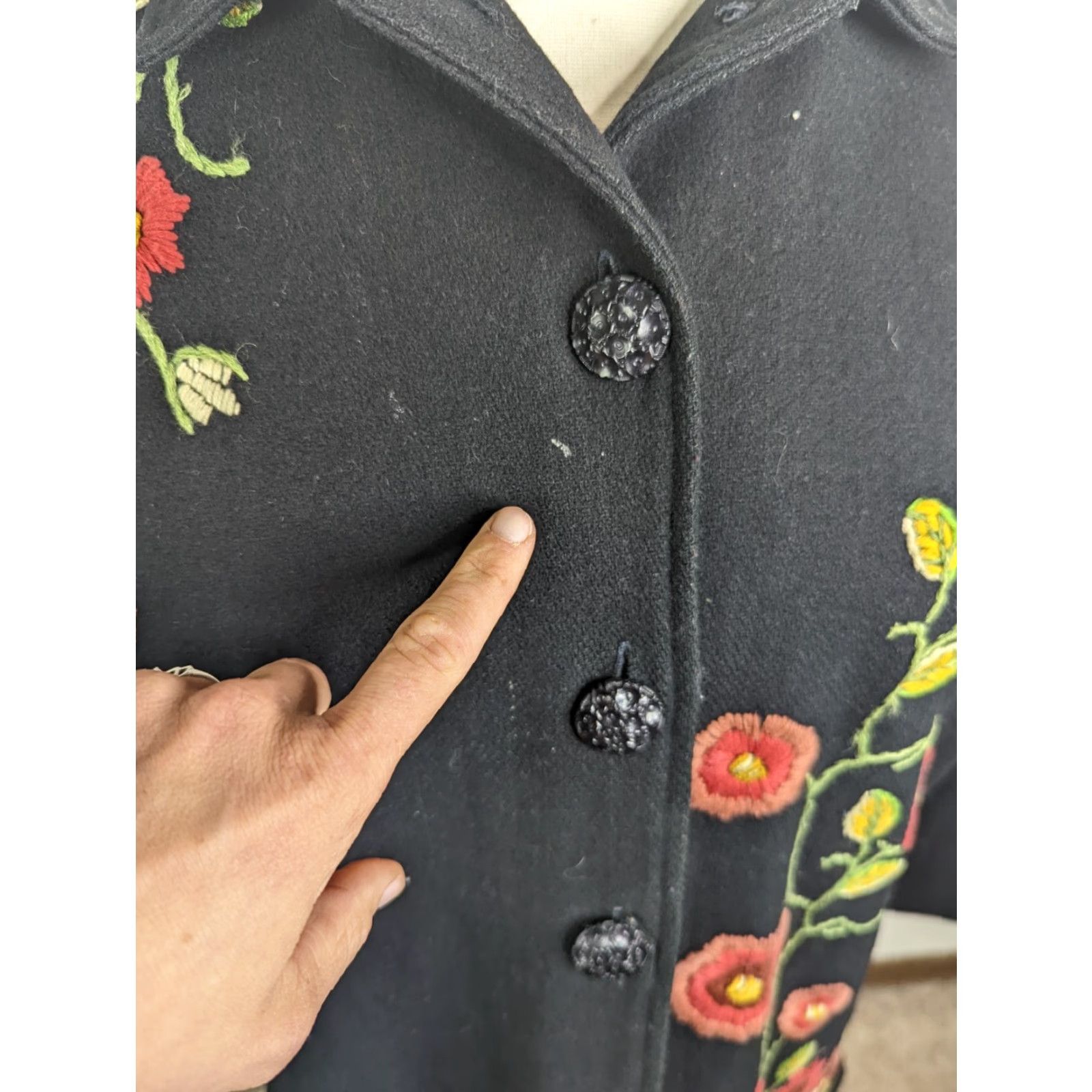 Vintage VINTAGE Parsley & Sage Women's XL Pea Coat Jacket Black Wool Floral Embroidered Coatigan Size XL / US 12-14 / IT 48-50 - 5 Thumbnail