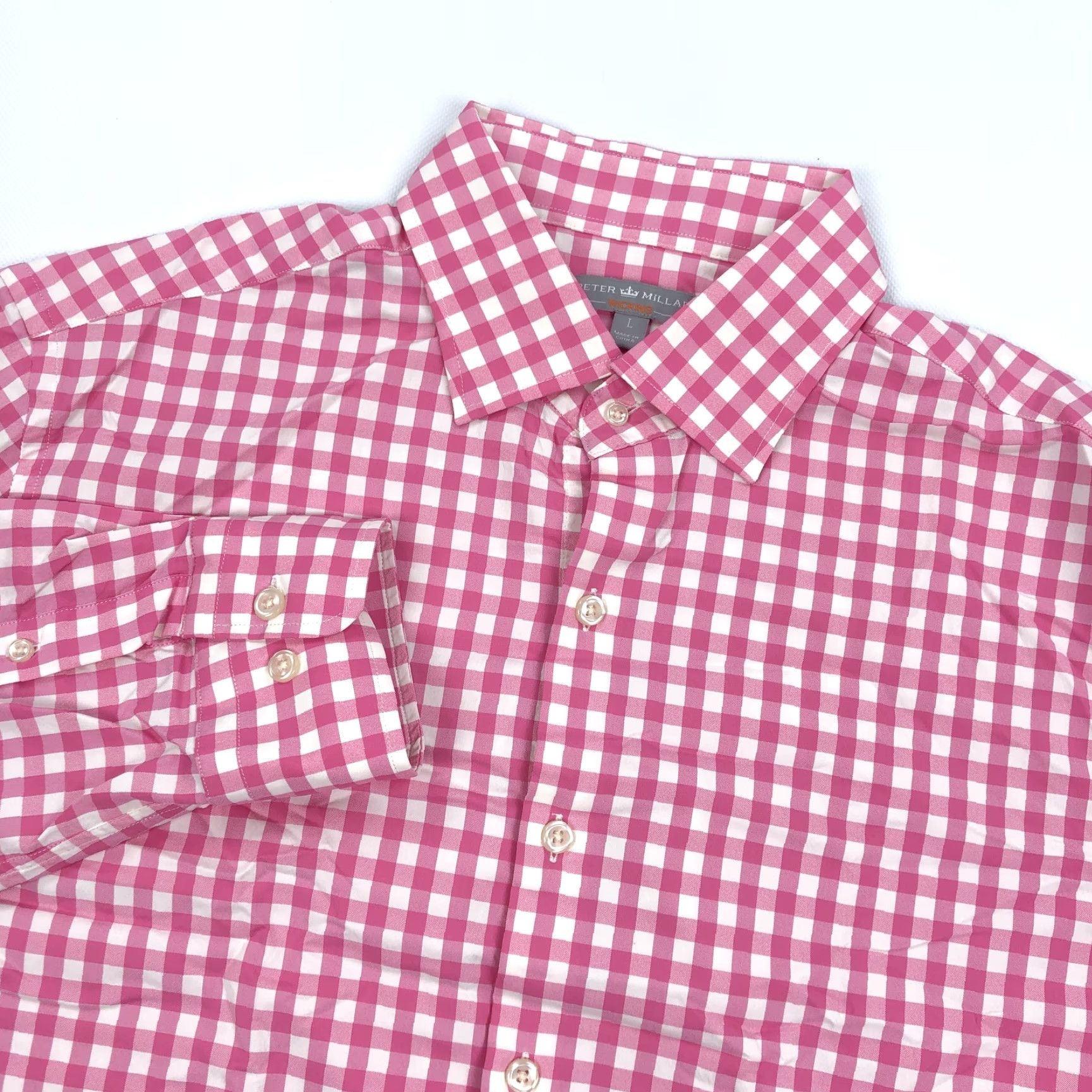 Peter Millar Peter Millar Men's L Button-Down Gingham Check Shirt Wicking Pink White Casual, Breathable, Long Sleeve, Office, Golf Mens Size US L / EU 52-54 / 3 - 2 Thumbnail