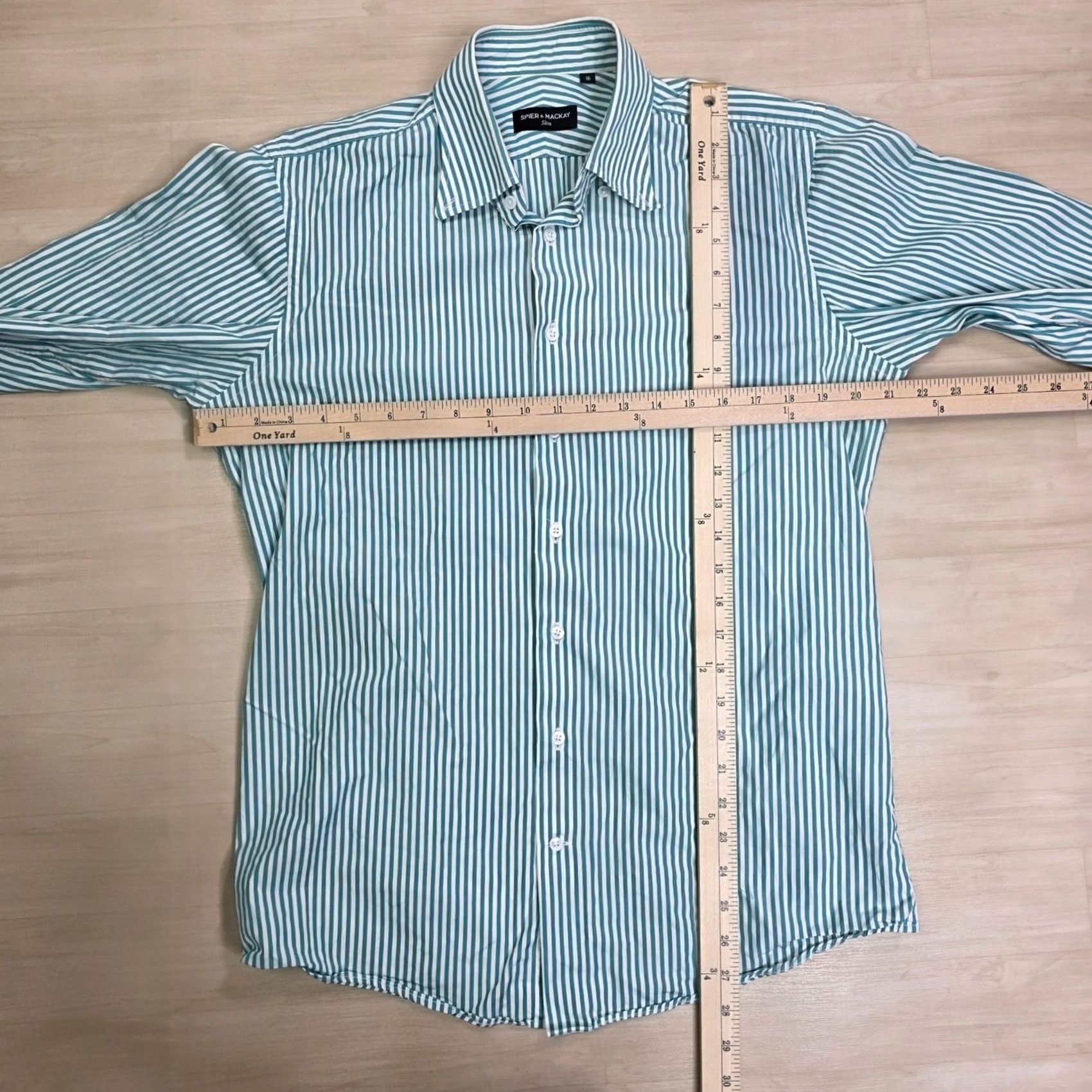 Vintage SPIER MACKAY Dress Shirt Slim Fit Green White Stripe Long Sleeve Size 16 Large Mens Size 42R - 5 Thumbnail