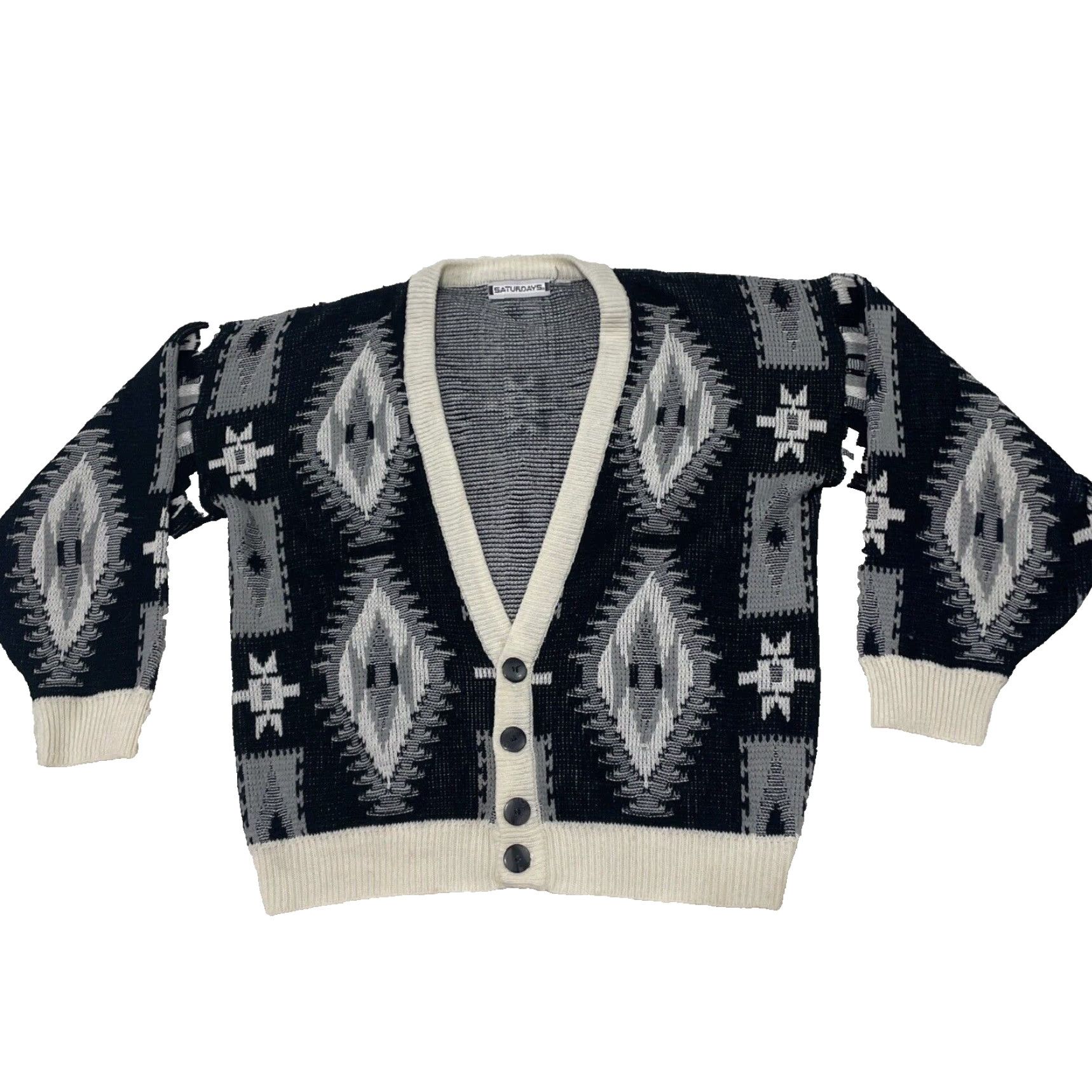 Saturdays NYC SATURDAYS Cardigan Sweater Geometric Black White Vintage 90s S Mens V-Neck Knit Crew Deck Casual Party/Cocktail Travel All Seasons Size US S / EU 44-46 / 1 - 2 Thumbnail