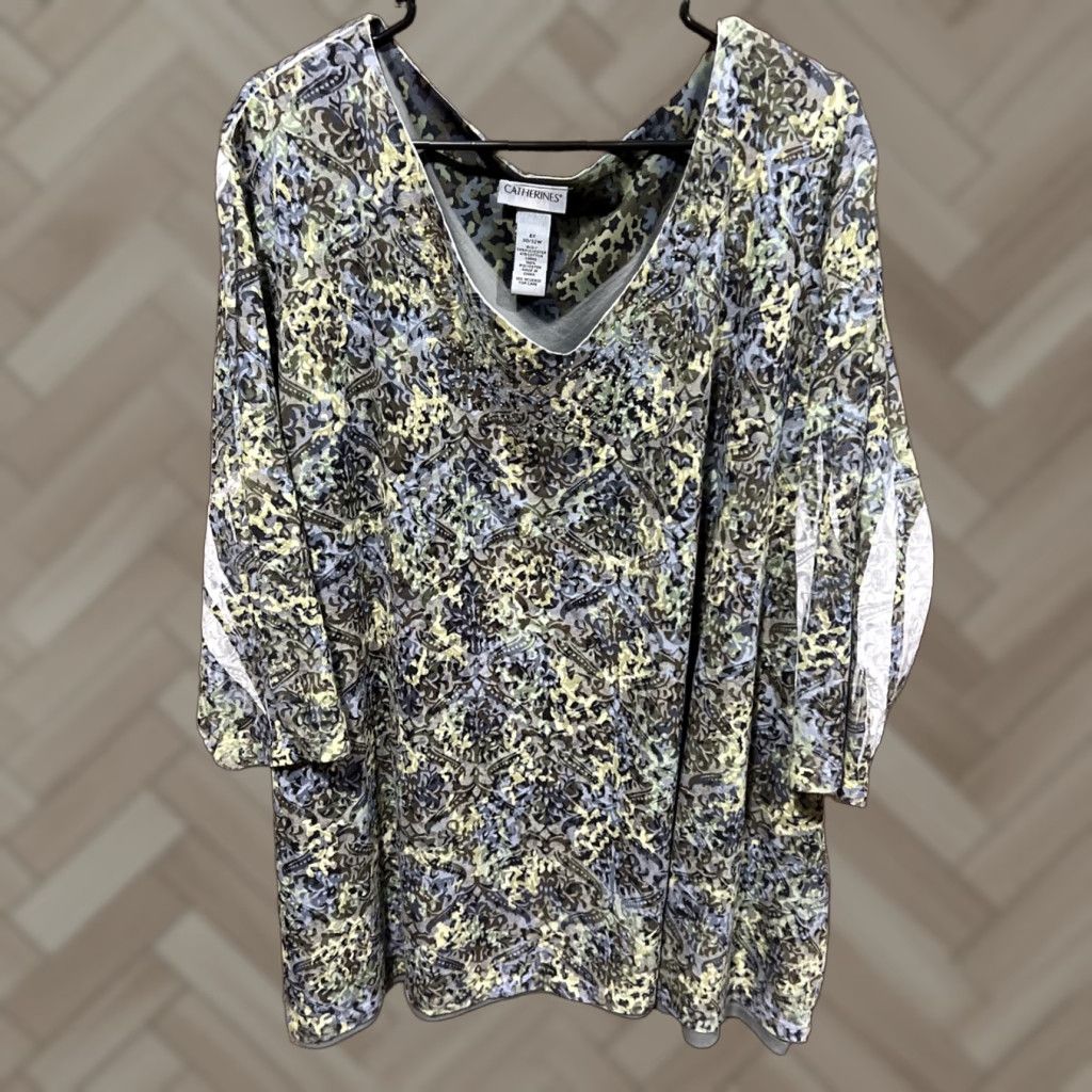 Vintage CATHERINES Blouse Tunic 4X Green Tie Dye 3/4 Sleeve Sequin V-Neck Pullover Womens Plus Size Size XXL / US 16-18 / IT 52-54 - 1 Thumbnail