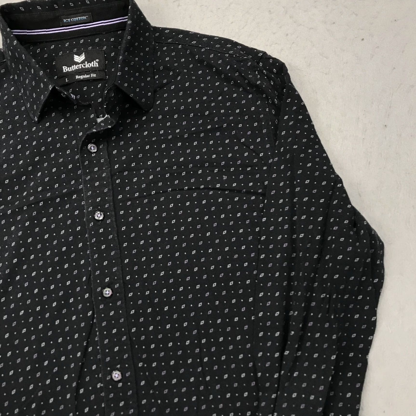 Vintage Buttercloth Mens Shirt Large Black Geometric Classic Designer Button-Up Casual Cotton Icy/Contrast? Size US L / EU 52-54 / 3 - 3 Thumbnail