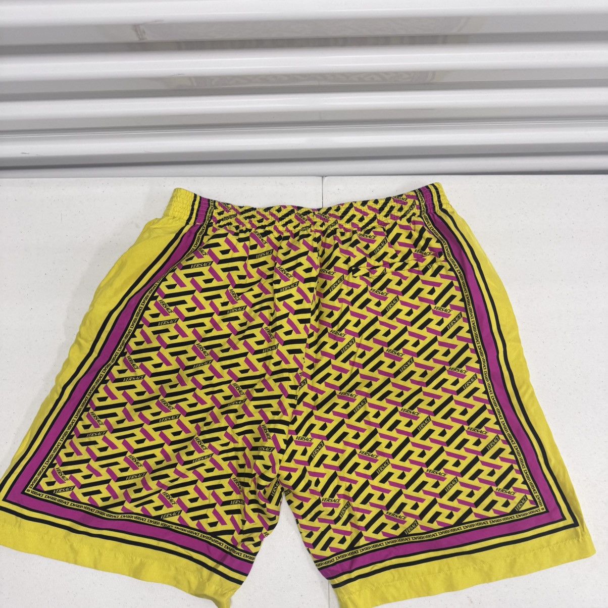 Versace Versace La Greca Silk Shorts - Yellow/Magenta - Fits Size L Size US 35 - 2 Thumbnail
