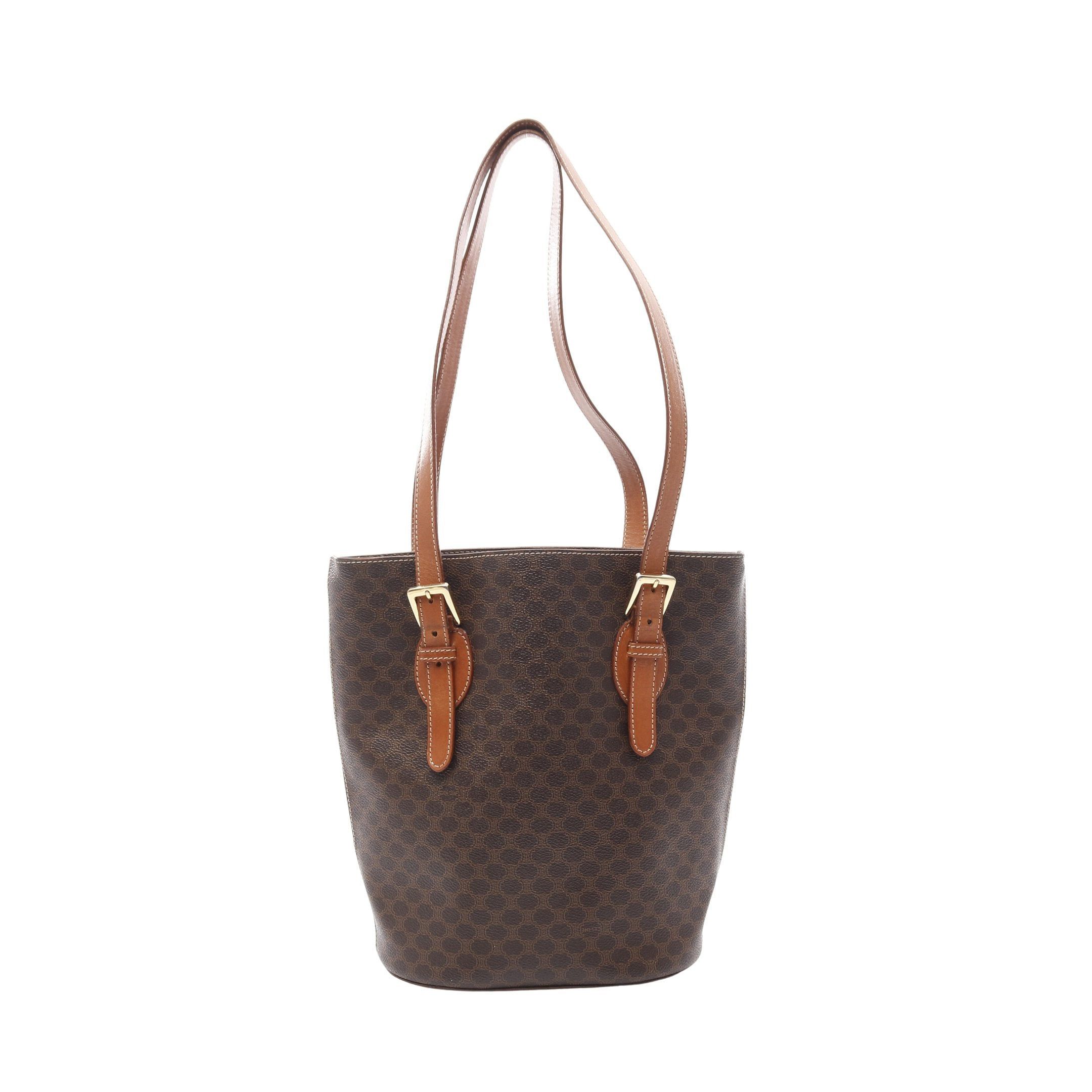 Celine Macadam Shoulder Bag Tote Leather Brown Dark in Black, Women's