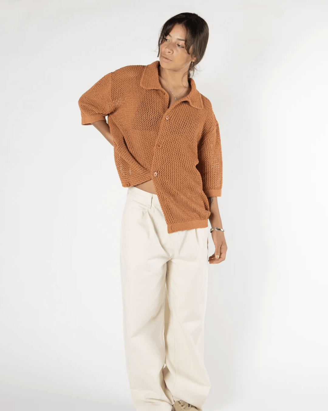 image of Crochet Knit Polo in Orange, Men's (Size Medium)