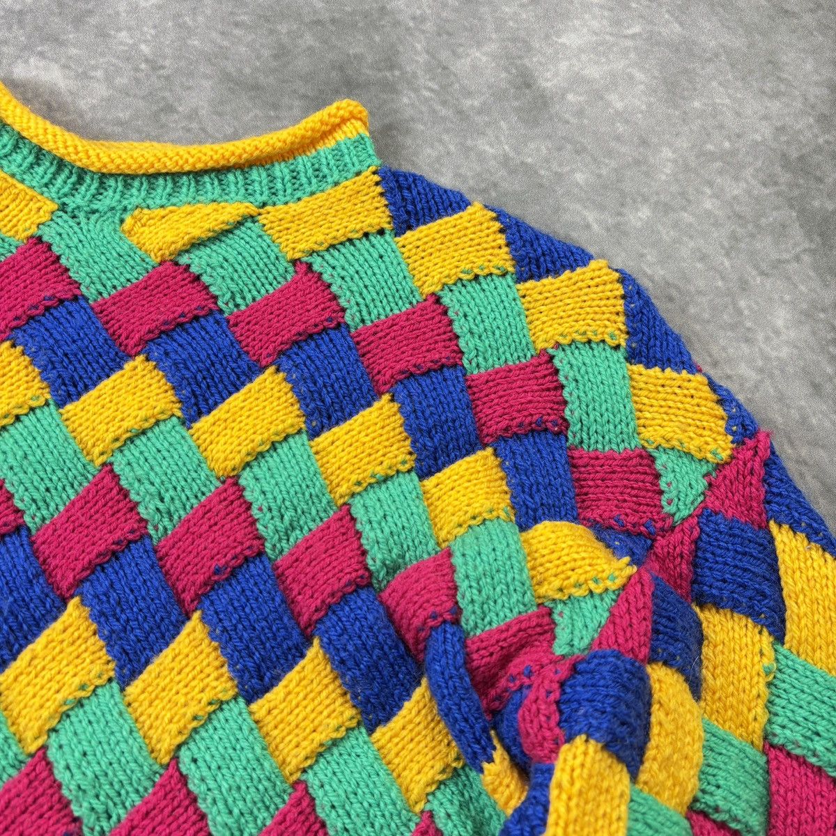 Vintage 1980s Hand Knit Sweater Vintage Patchwork Rainbow Crochet Size US XS / EU 42 / 0 - 3 Thumbnail