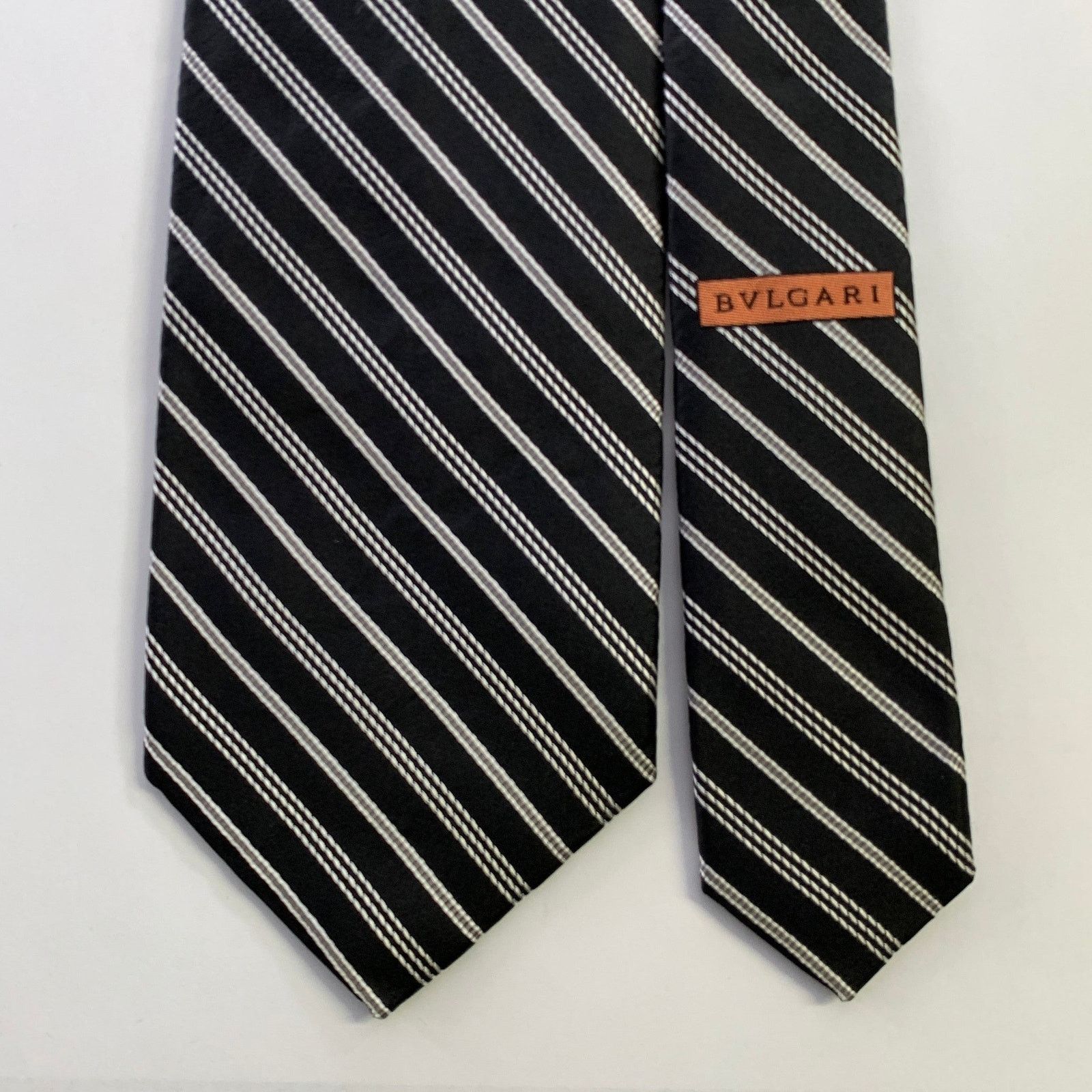 Bvlgari BVLGARI Black White Diagonal Stripe Silk Tie Size ONE SIZE - 1 Thumbnail