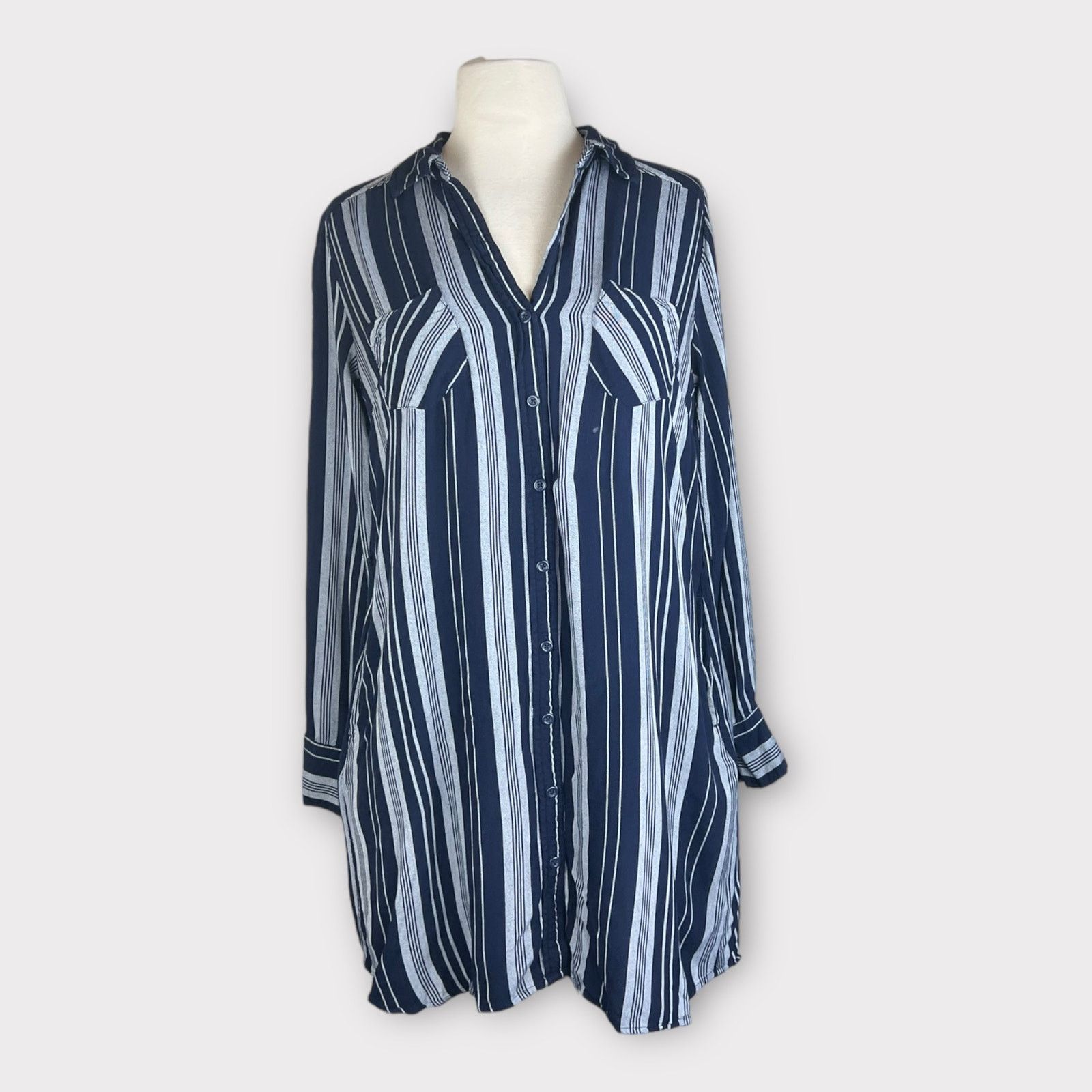 Merona Merona Striped Navy Gray Striped Long Sleeve Shirt Dress Size S / US 4 / IT 40 - 1 Thumbnail