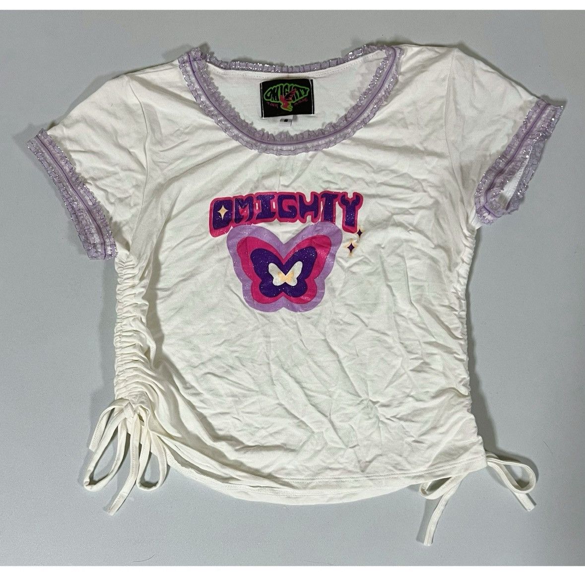 Japanese Brand O-Mighty Butterfly Logo Graphic Ruched T-Shirt Top Size S 🦋✨ Size S / US 4 / IT 40 - 2 Thumbnail