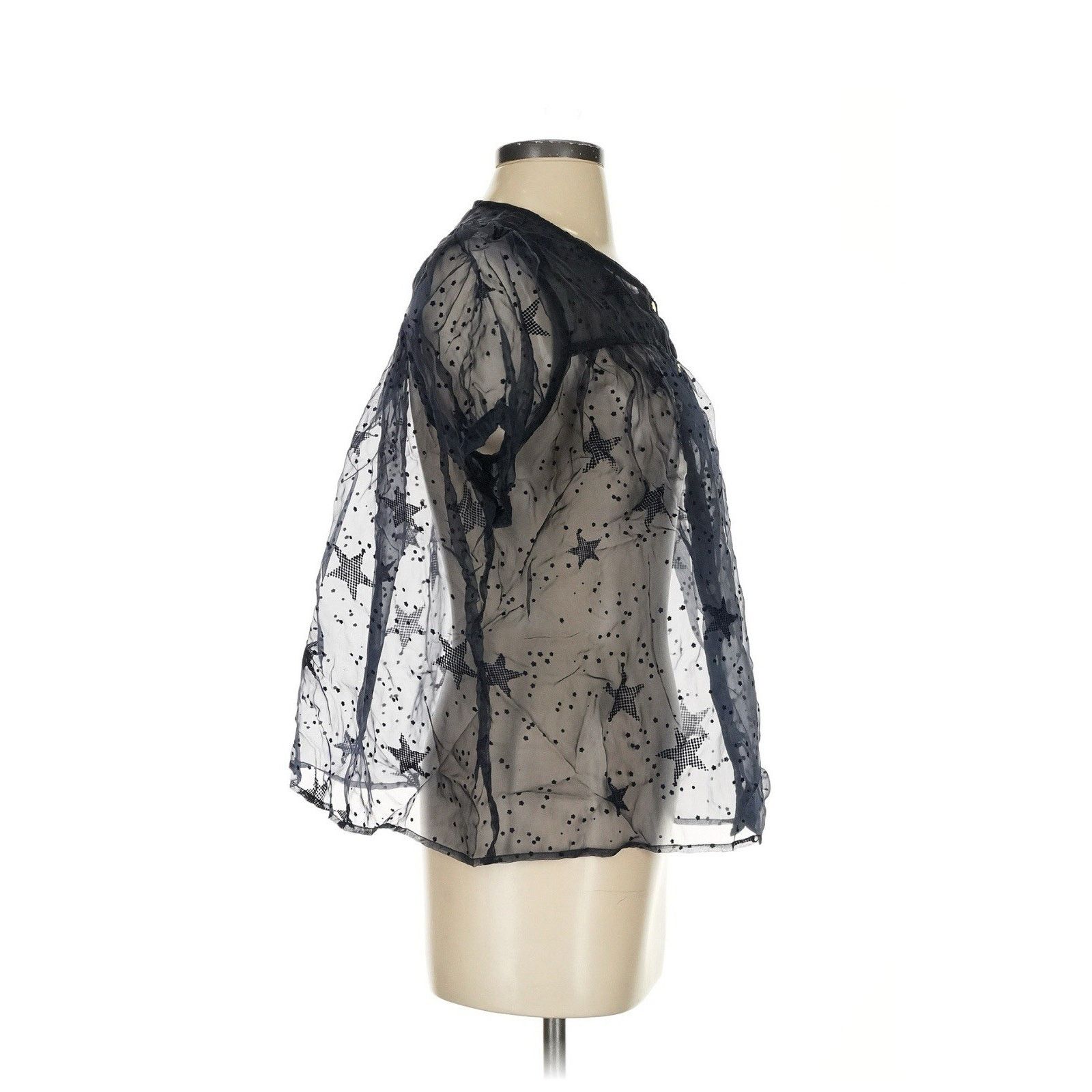 Anthropologie Let Me Be Sheer Navy Velvet Star Pattern Puff Sleeve Blouse Size S / US 4 / IT 40 - 4 Thumbnail