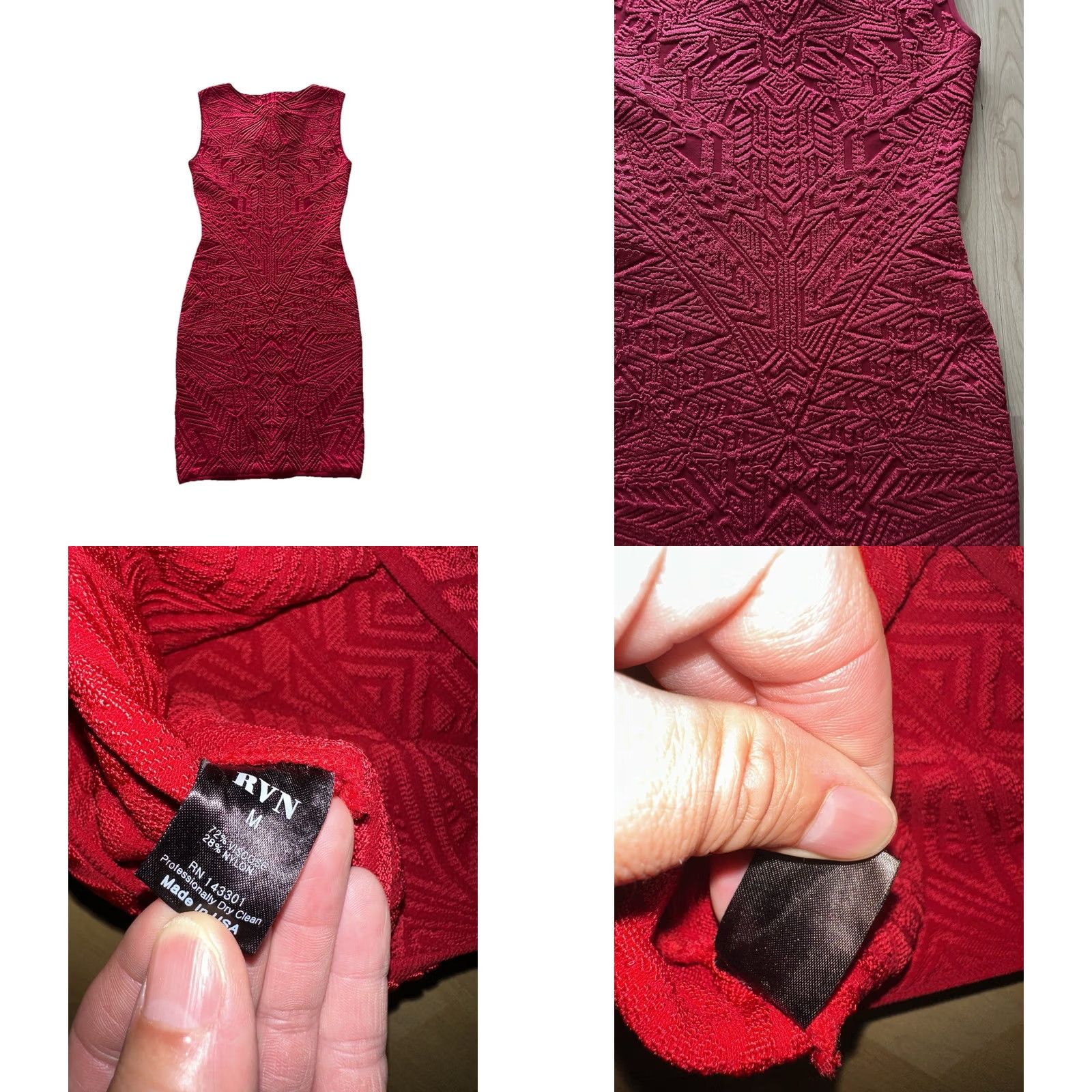 Vintage RVN Bodycon Dress Women M Red Abstract Jacquard Scoop Neckline Cap Sleeveless NWT Size M / US 6-8 / IT 42-44 - 8 Thumbnail