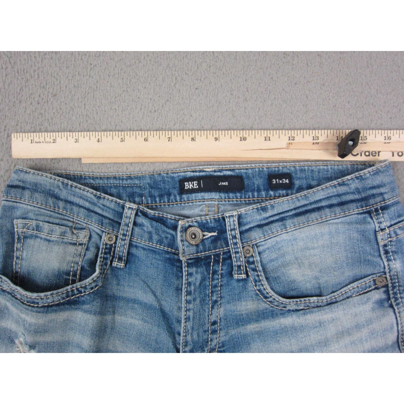 Vintage Buckle BKE Jeans Mens 31 x 34 Blue Denim Jake Straight Distress Stitch Pocket 5-Pocket Design Regular Rise Mid Vintage: No Mens Jeans Size US 31 - 6 Thumbnail