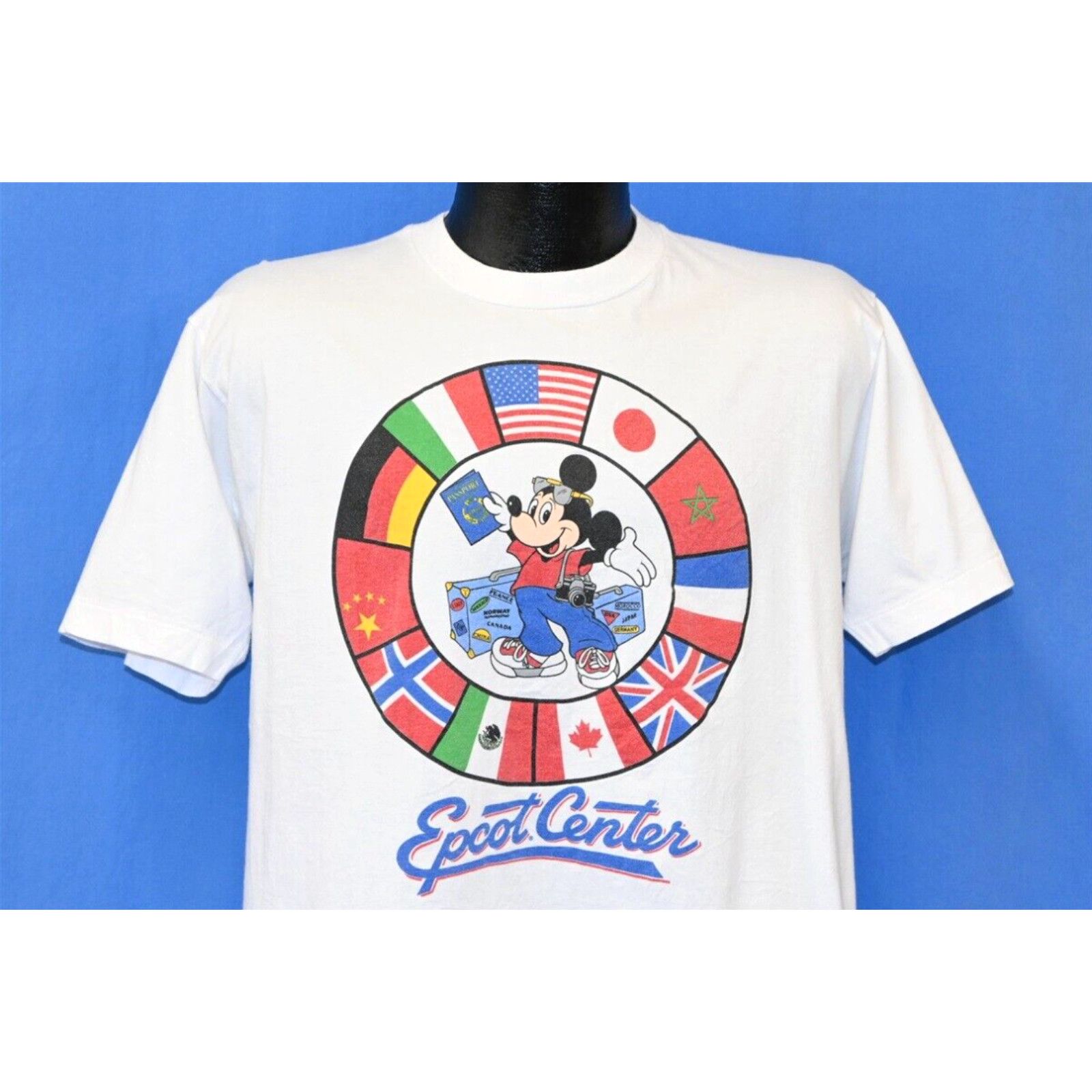 image of Vintage 80's Mickey Mouse Epcot Center Walt Disney World Park Flags T-Shirt L in White (Size Large)