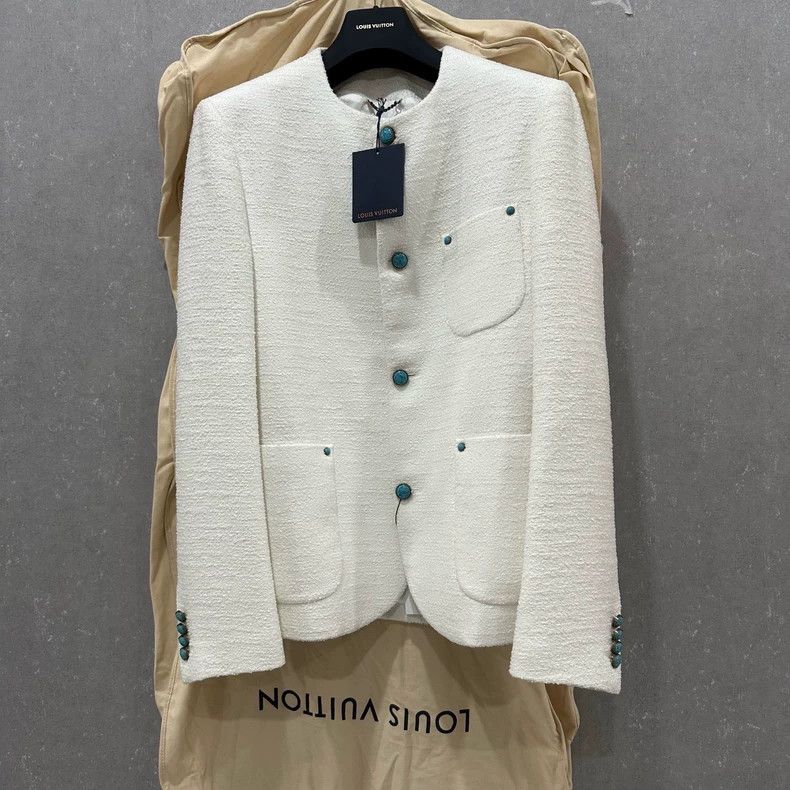 Louis Vuitton Louis Vuitton New White Turquoise Collarless Jacket Size US M / EU 48-50 / 2 - 1 Thumbnail