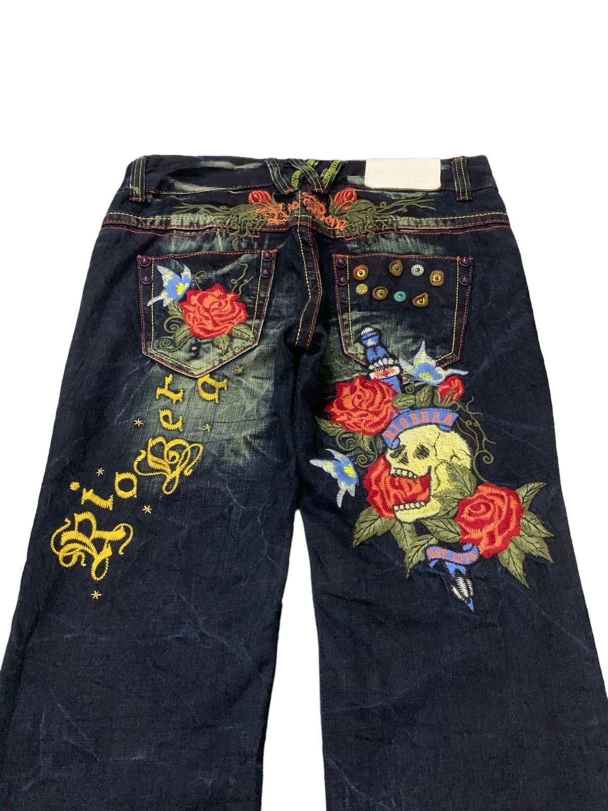Ed Hardy × Japanese Brand Riobera Japan Embroidered Skull Tattoo Flared Denim Pants Size US 30 / EU 46 - 4 Thumbnail