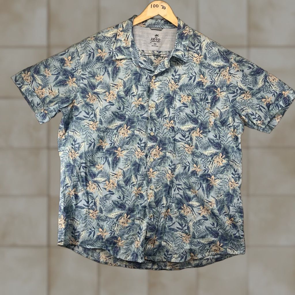 Izod IZOD Saltwater Mens XXL Tropical Floral Dockside Woven Shirt Chambray Blue EUC Size US XXL / EU 58 / 5 - 1 Thumbnail