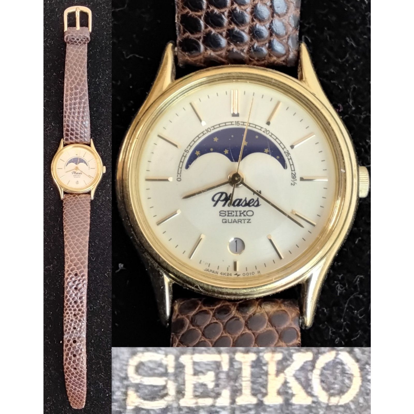 Seiko Seiko Quartz Moon Phases Wrist Watch Ladies Brown Lizard Size ONE SIZE - 1 Thumbnail
