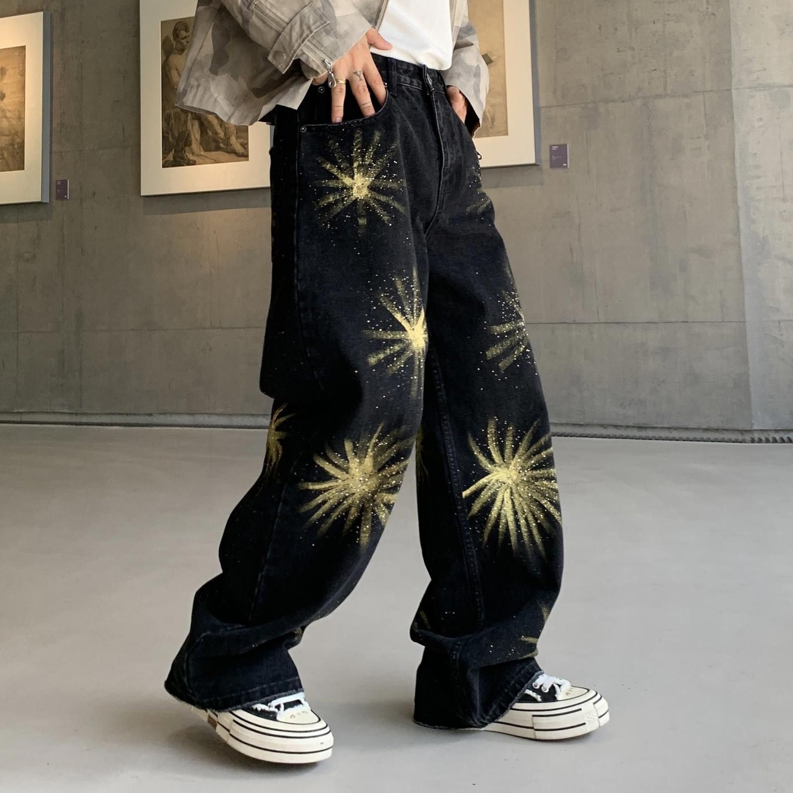 Vintage Black Baggy Wide Leg Jeans with Gold Starburst Print Size US 32 / EU 48 - 2 Thumbnail