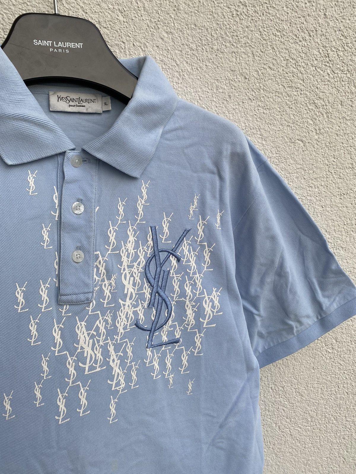 image of Vintage x YVES Saint Laurent Monogram YSL Polo Shirt Big Logo YSL T-Shirt YSL Shirt in Blue (Size X