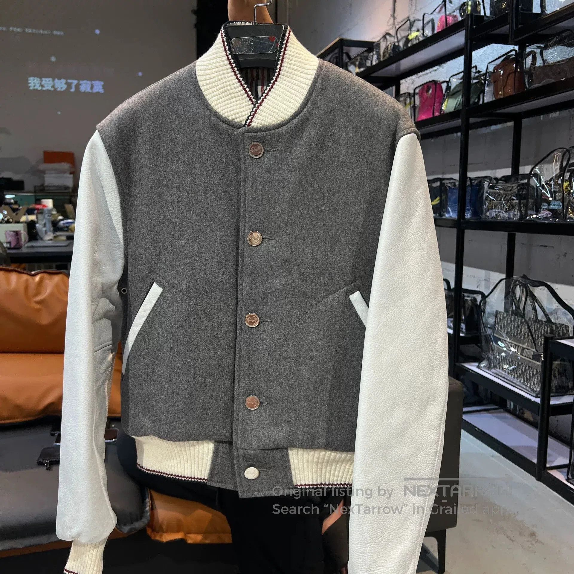 Thom Browne thom browne gray leather sleeve baseball jacket. Size US XXS / EU 40 - 1 Thumbnail
