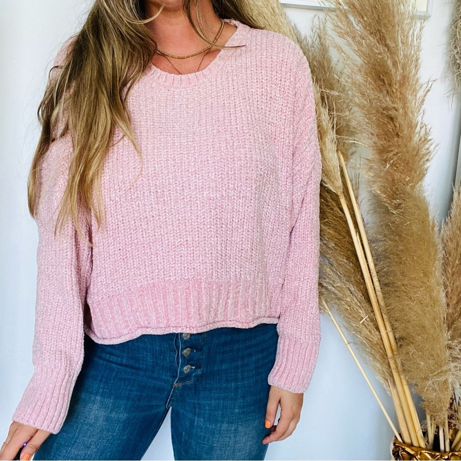 Free People NEW ALTAR'D STATE Soft Pink Chunky Knit Pullover Sweater Size L / US 10 / IT 46 - 3 Thumbnail