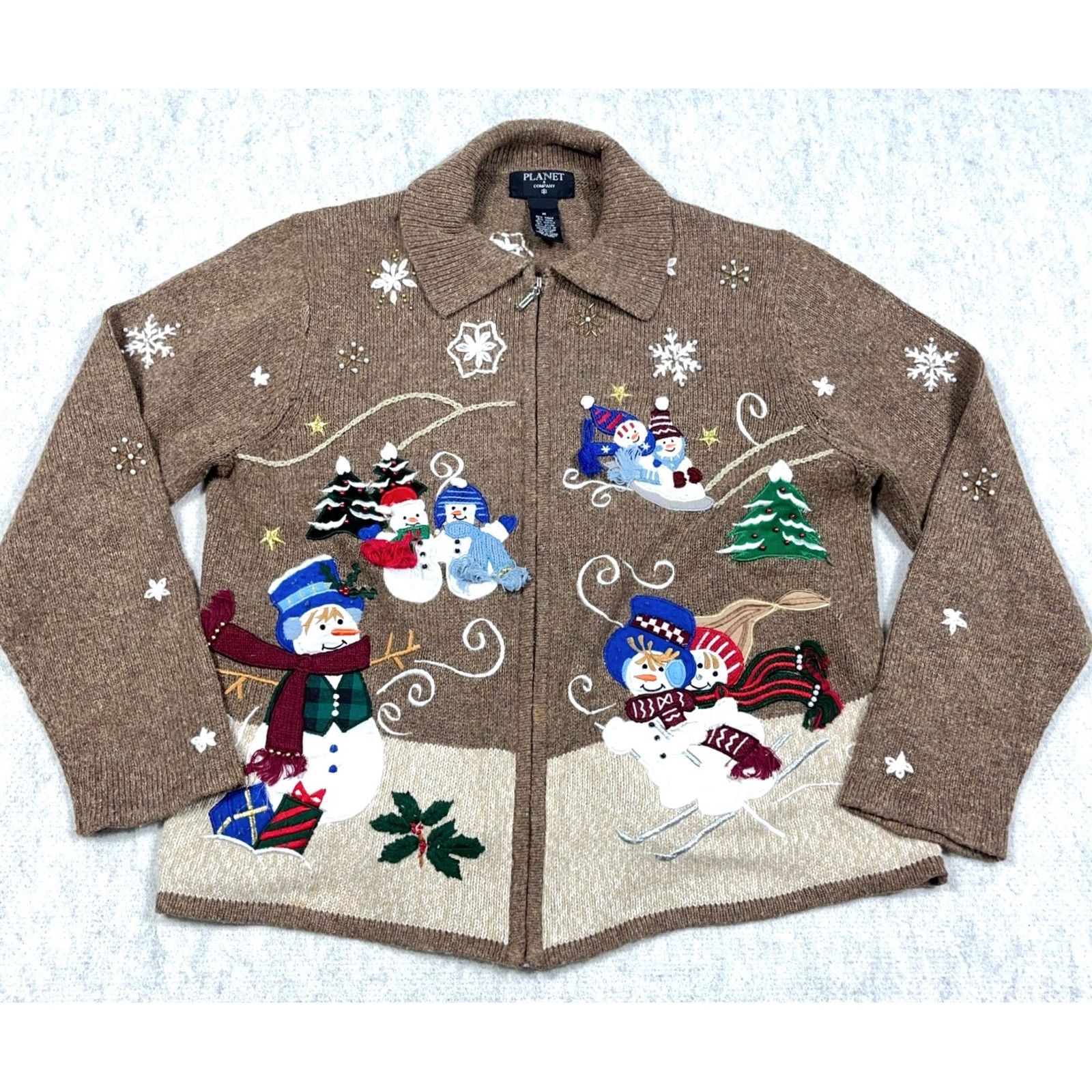 Vintage Vintage Christmas Cardigan Sweater Women M Full Zip Snowman Winter Brown Size M / US 6-8 / IT 42-44 - 2 Thumbnail