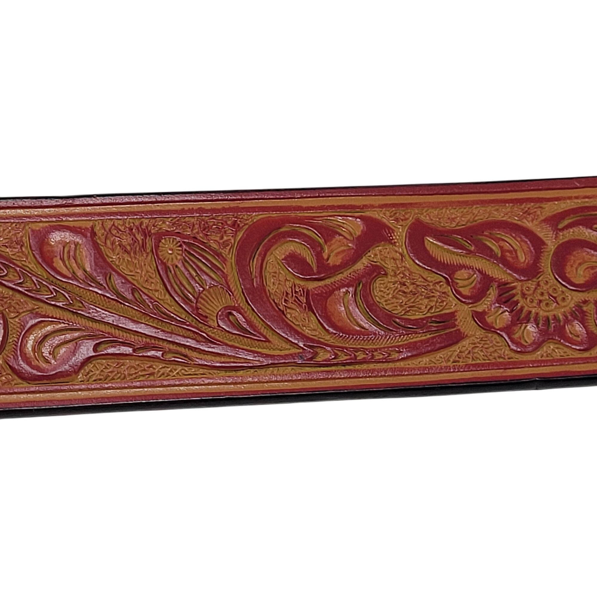 Vintage Vintage Style Tooled Bonded Leather Red Belt S Floral Design Size ONE SIZE - 7 Thumbnail
