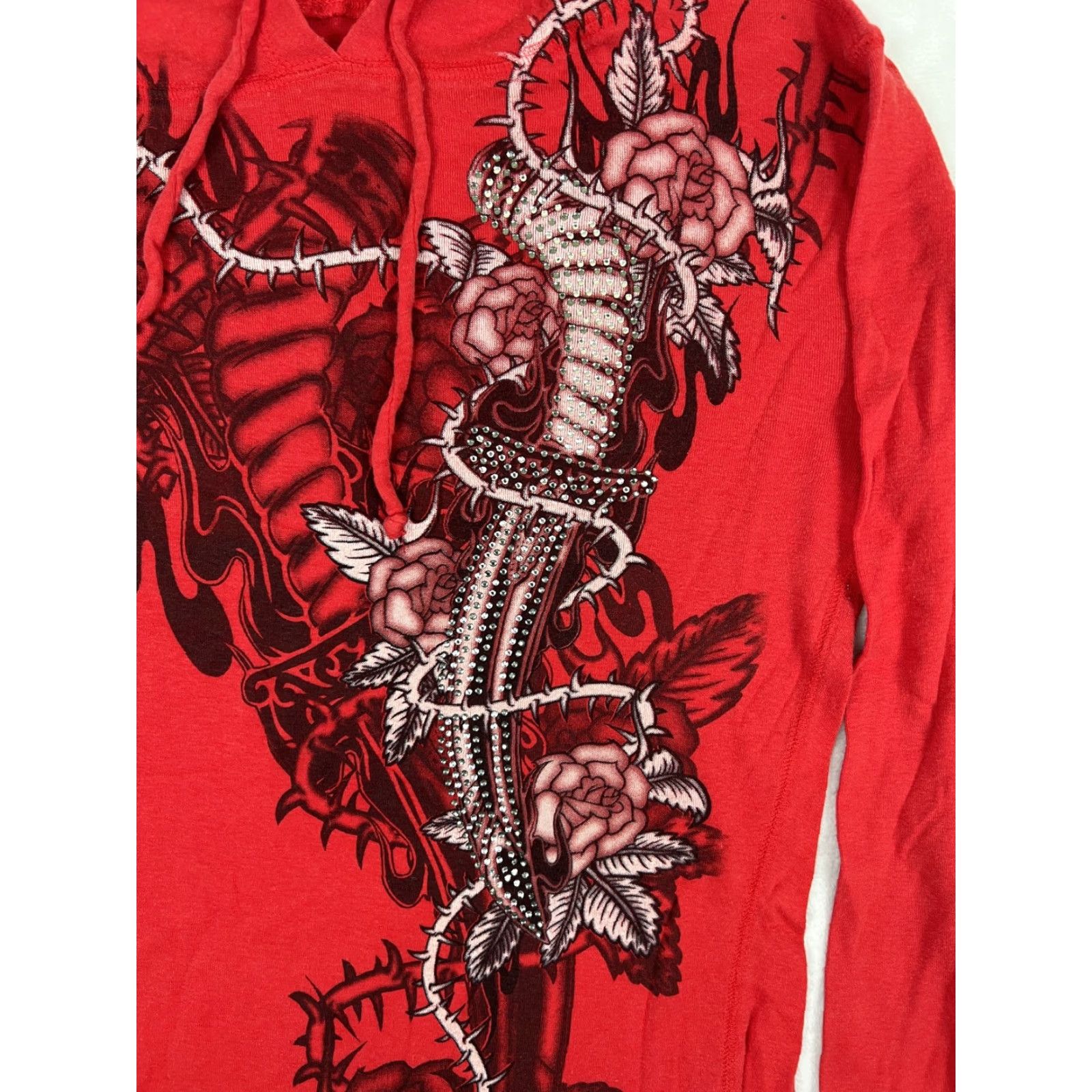 Vintage VINTAGE Gothic Rose Dagger Shirt Womens S/M Red Hooded Long Sleeve Rhinestone Y2K Size S / US 4 / IT 40 - 2 Thumbnail