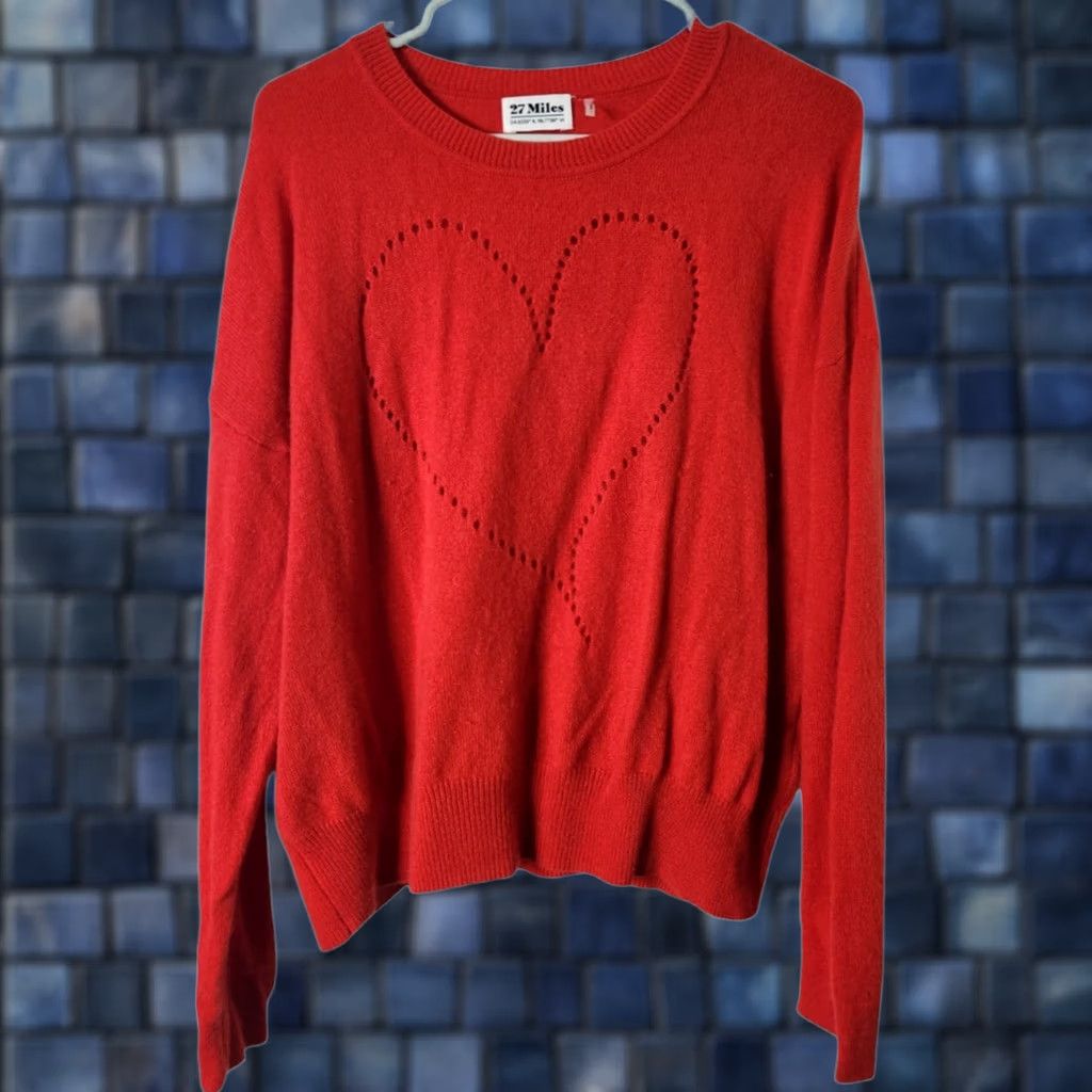 Vintage 27 Miles Women's L Sweater Pullover 100% Cashmere Red Long Sleeve Heart Knit Size L / US 10 / IT 46 - 1 Thumbnail