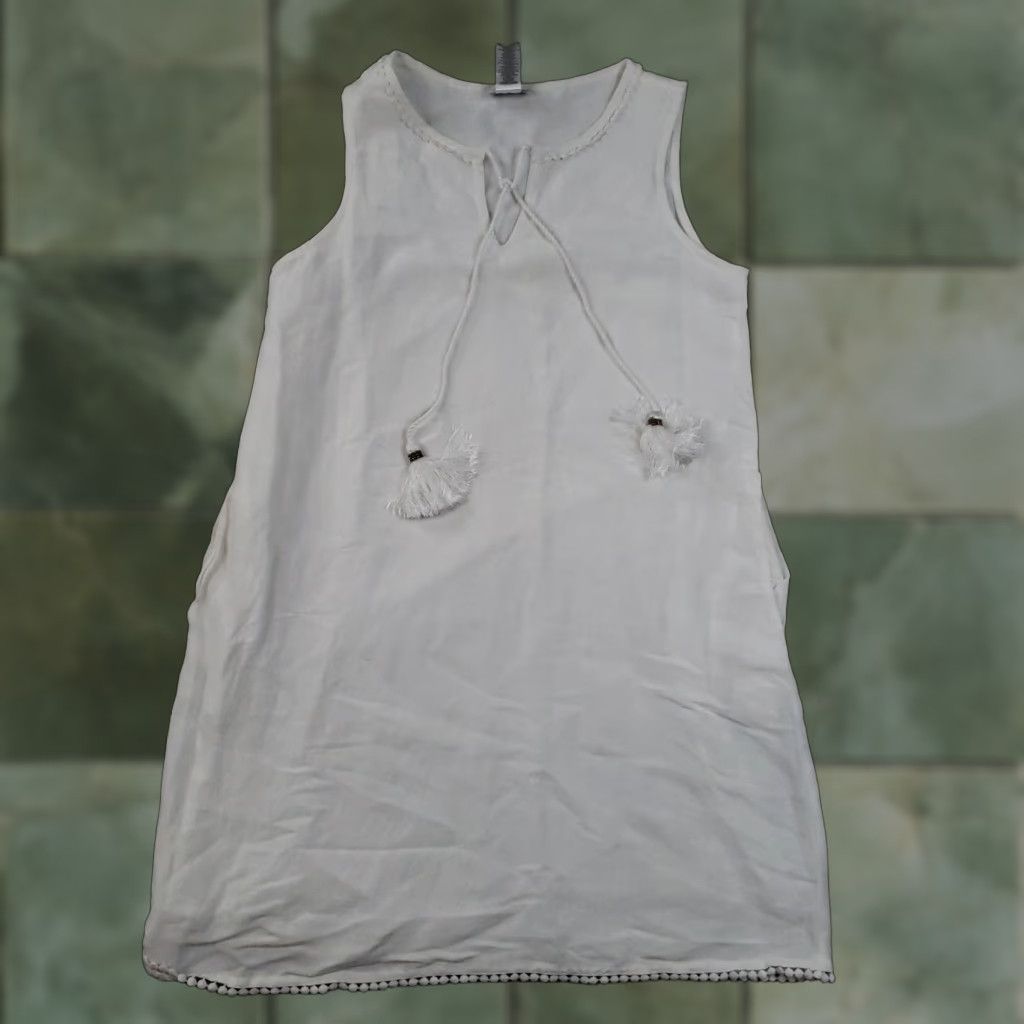 Tommy Bahama VINTAGE Tommy Bahama Dress Womens Small White Linen Tassel Cover-Up Pom Pom Hem Pockets Size S / US 4 / IT 40 - 1 Thumbnail
