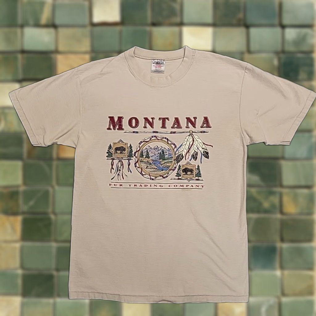 Vintage VTG Montana Fur Trading Company Shirt Men L Beige Single Stitch Made in USA TEE Size US L / EU 52-54 / 3 - 1 Thumbnail