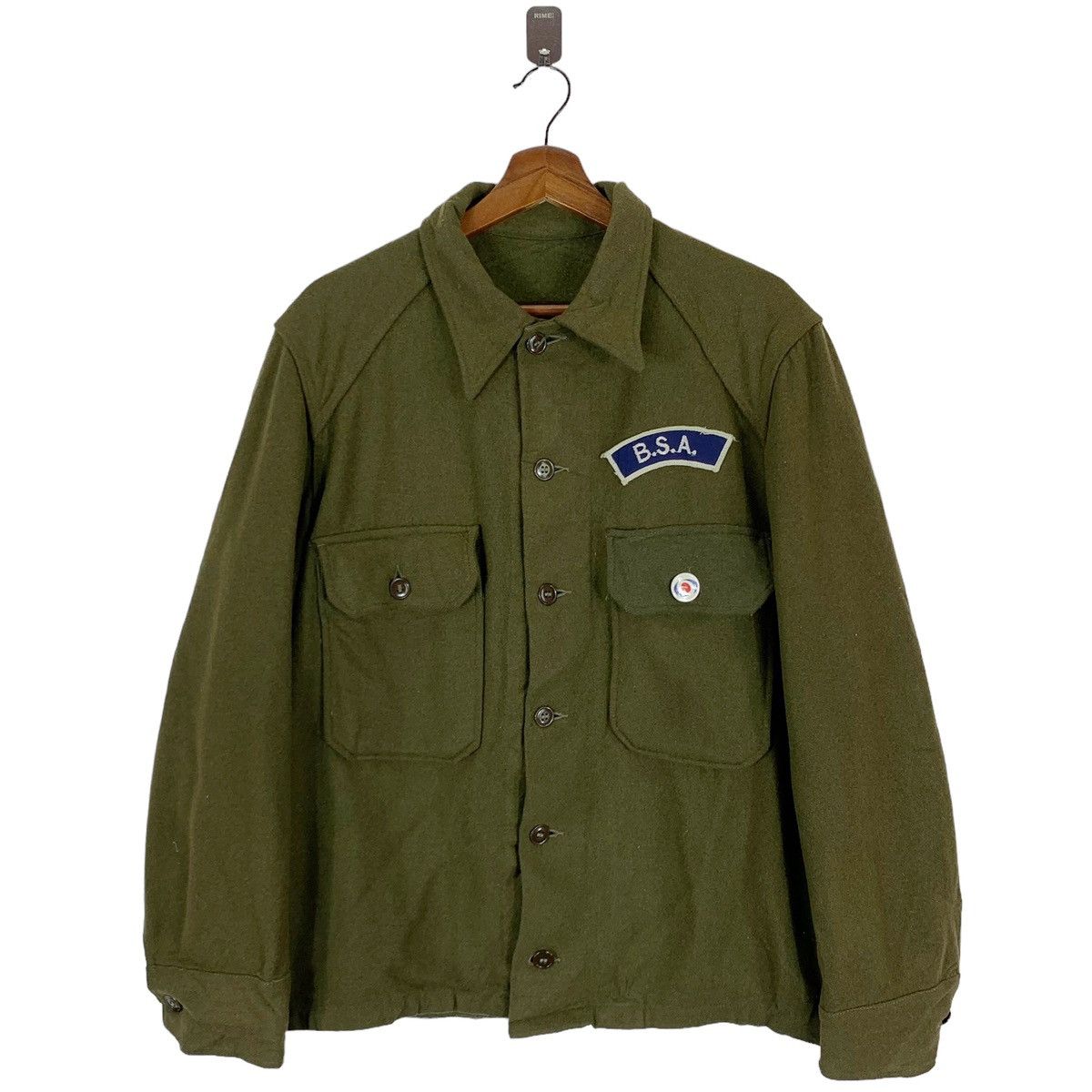 image of Bsa Motorcycle Green Olive Wool Button Shirt, Men's (Size Medium)