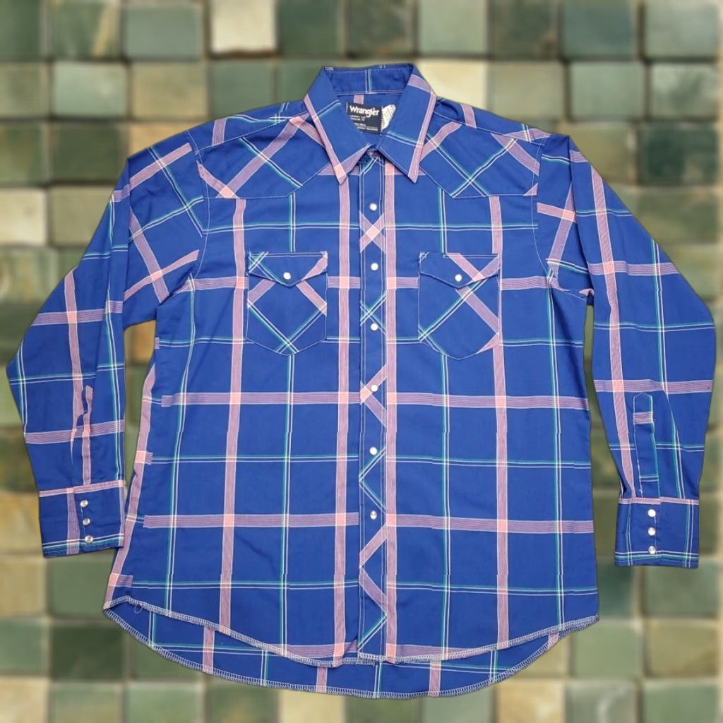 Wrangler VTG Wrangler Shirt Mens 17.5 x 35 Extra Long Tails Blue Plaid Pearl Snap Western Shirt Mens XS? Size US XXL / EU 58 / 5 - 1 Thumbnail
