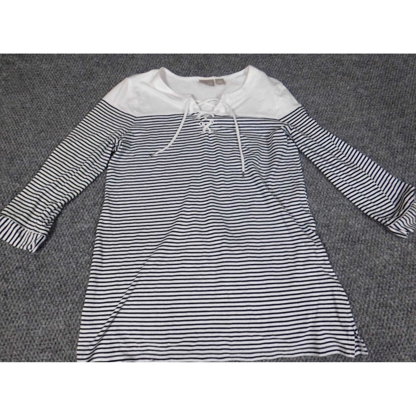 Vintage Chicos Blouse Size 1 Blue Womens Striped Pullover Stretch Top Cotton Modal Rayon Crew Neck Regular Fit Button Shirts Women Size XS / US 0-2 / IT 36-38 - 2 Thumbnail