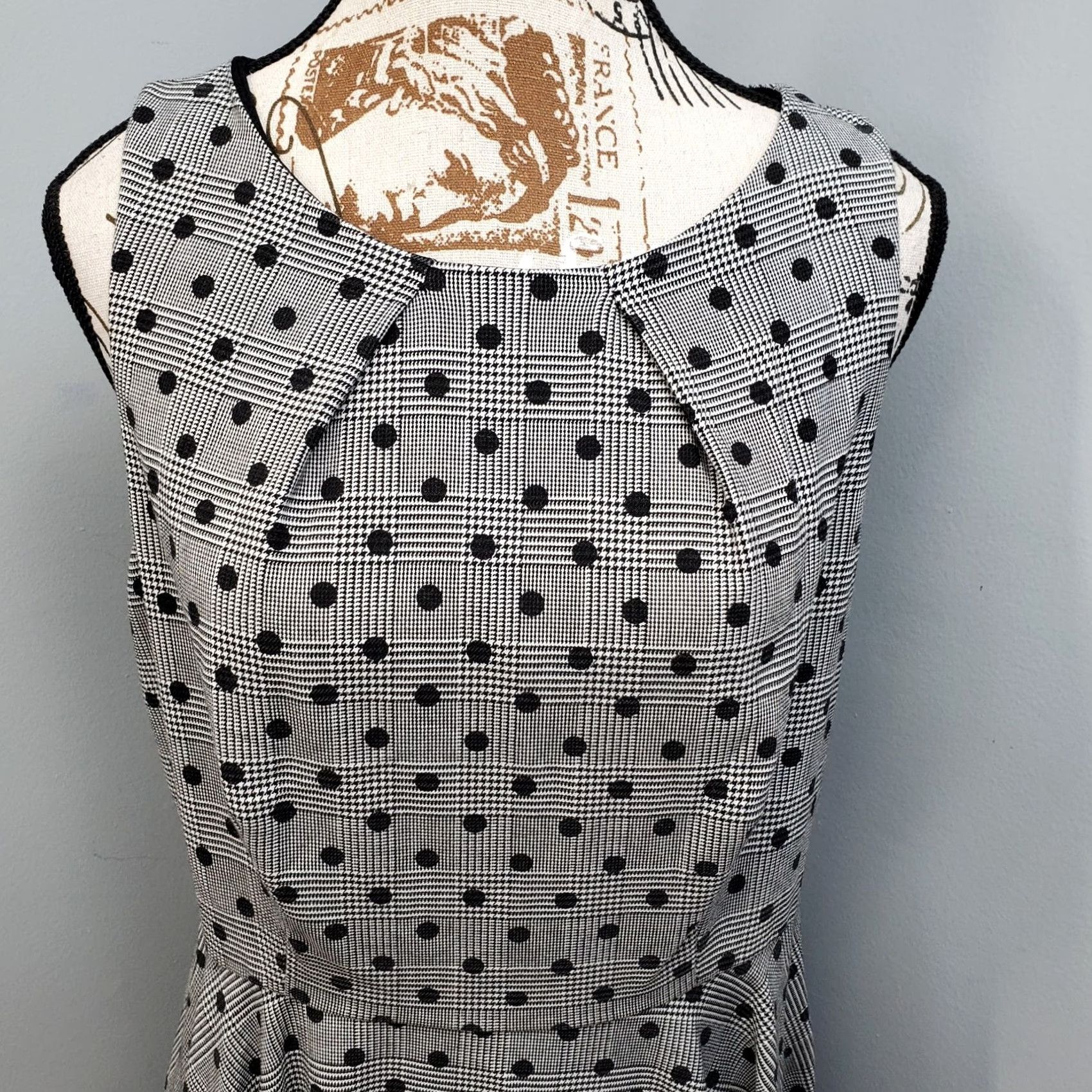 Vintage Elle Brand Fit & Flare Dress Womens Size 12 Black White Glen Plaid Polka Dot Back Zip Midi Sleeveless Spring Summer Casual Womens Size XL / US 12-14 / IT 48-50 - 3 Thumbnail