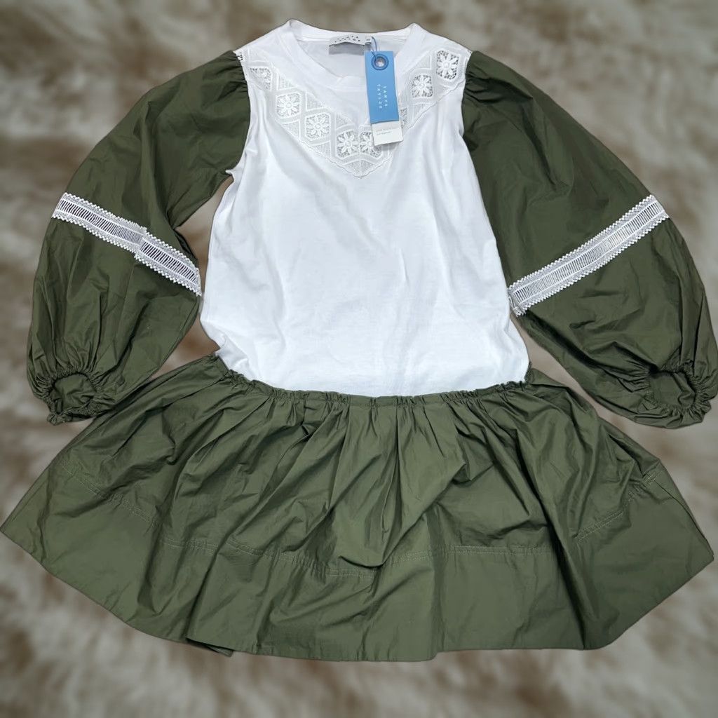 Tanya Taylor VINTAGE Tanya Taylor Kirstie Green & White Mini Dress Balloon Sleeve Peasant XS Green White Dress Womens XS Silk? Cotton? (Original says Cotton) Size XS / US 0-2 / IT 36-38 - 1 Thumbnail