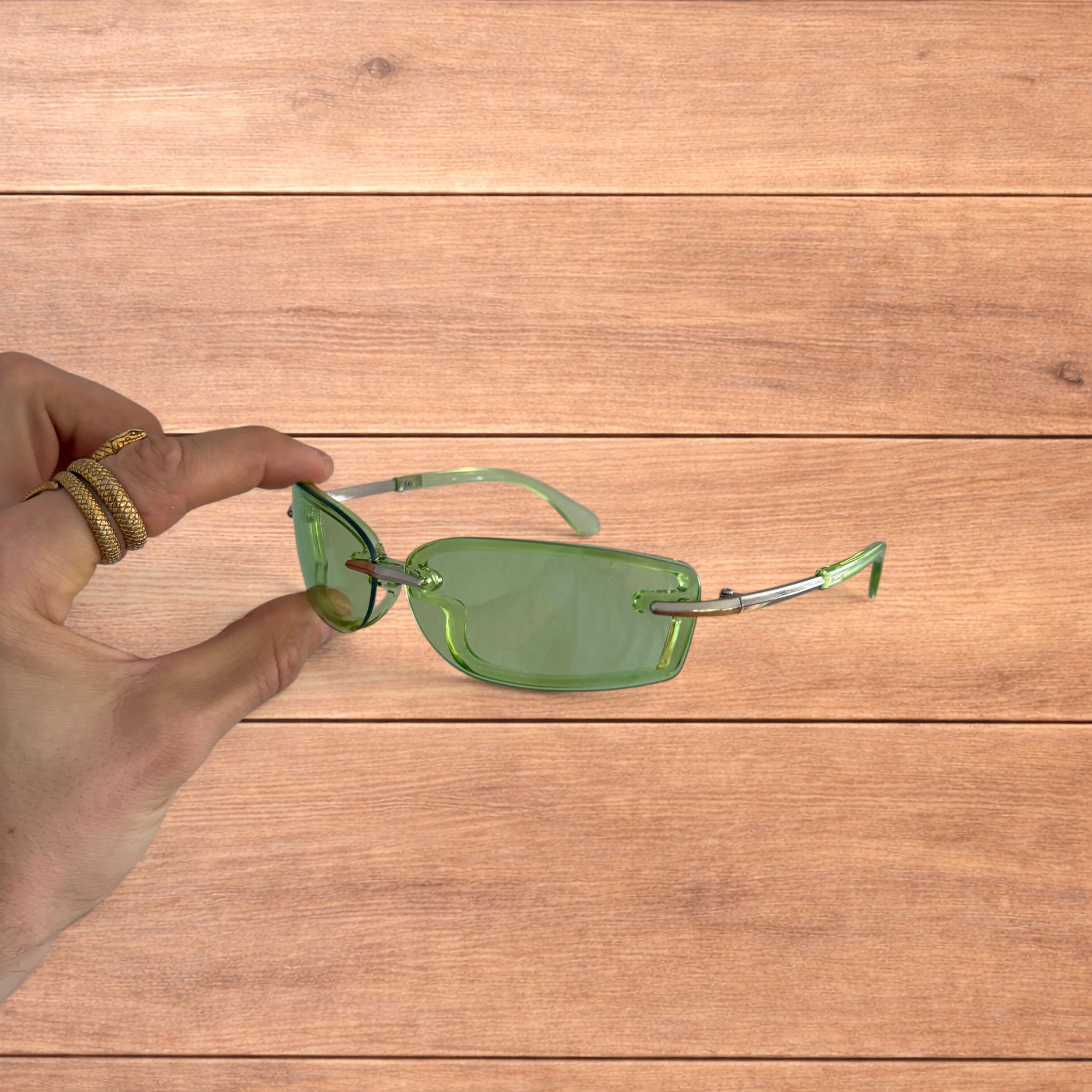 Japanese Brand Rimless rectangle frame sunglasses in green and silver. Size ONE SIZE - 2 Thumbnail