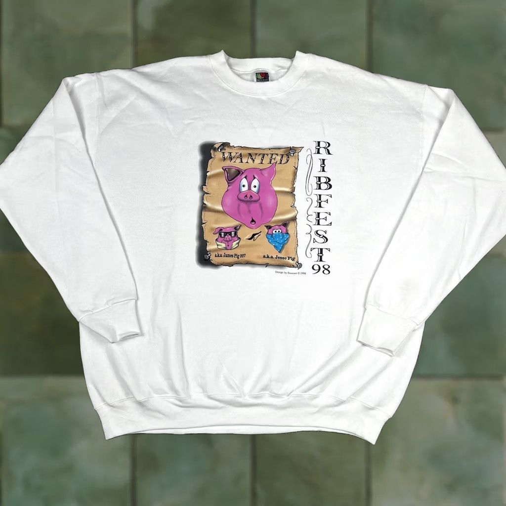 Fruit Of The Loom VINTAGE Pig Swine Ribfest 1998 Graphic Crewneck Sweatshirt 2XL Pullover White 90s Fruits Of The Loom Mens Size US XXL / EU 58 / 5 - 1 Thumbnail