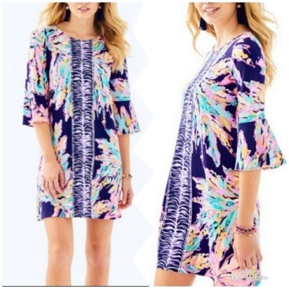 Lilly Pulitzer Lilly Pulitzer L Floral Print Dress OPHELIA Bell Sleeves Nav Size L / US 10 / IT 46 - 8 Thumbnail