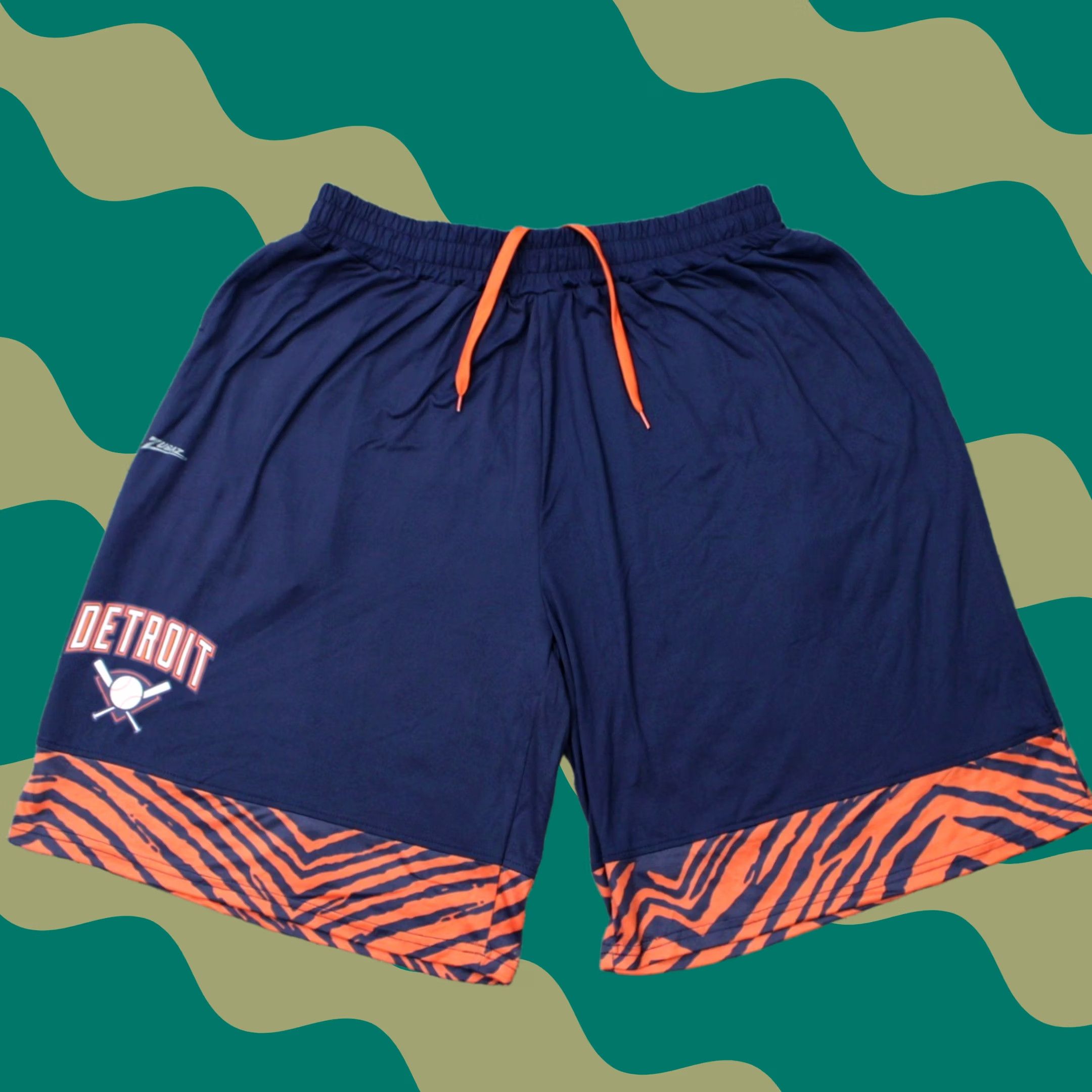 Vintage Zubaz Detroit Tigers Shorts Mens Large Blue/Orange Polyester stretch 11" inseam Size US 33 - 1 Thumbnail