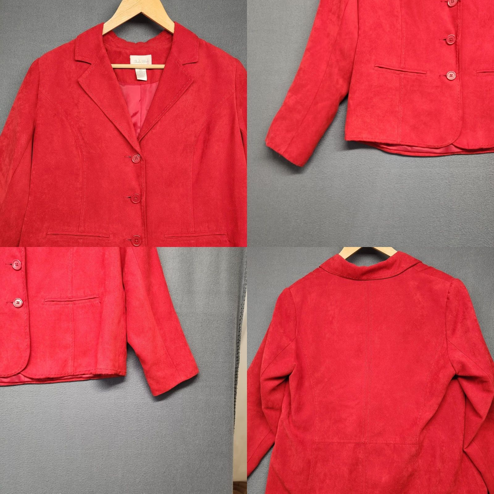 Vintage Studio Works Womens Blazer Jacket 12 Red 3 Button Notch Lapel Lined Faux Vegan Suede Classic Holiday Size XL / US 12-14 / IT 48-50 - 8 Thumbnail