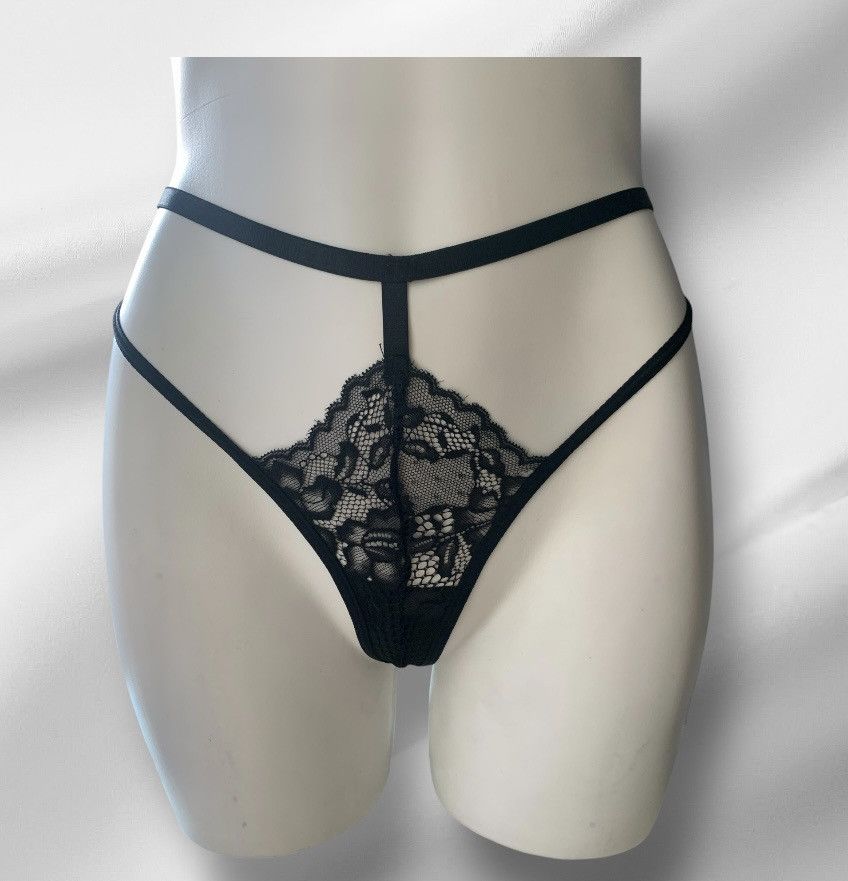 Designer NWT Black Bustier Bra Thong Lingerie Set Embroidered Lace Size ONE SIZE - 8 Thumbnail