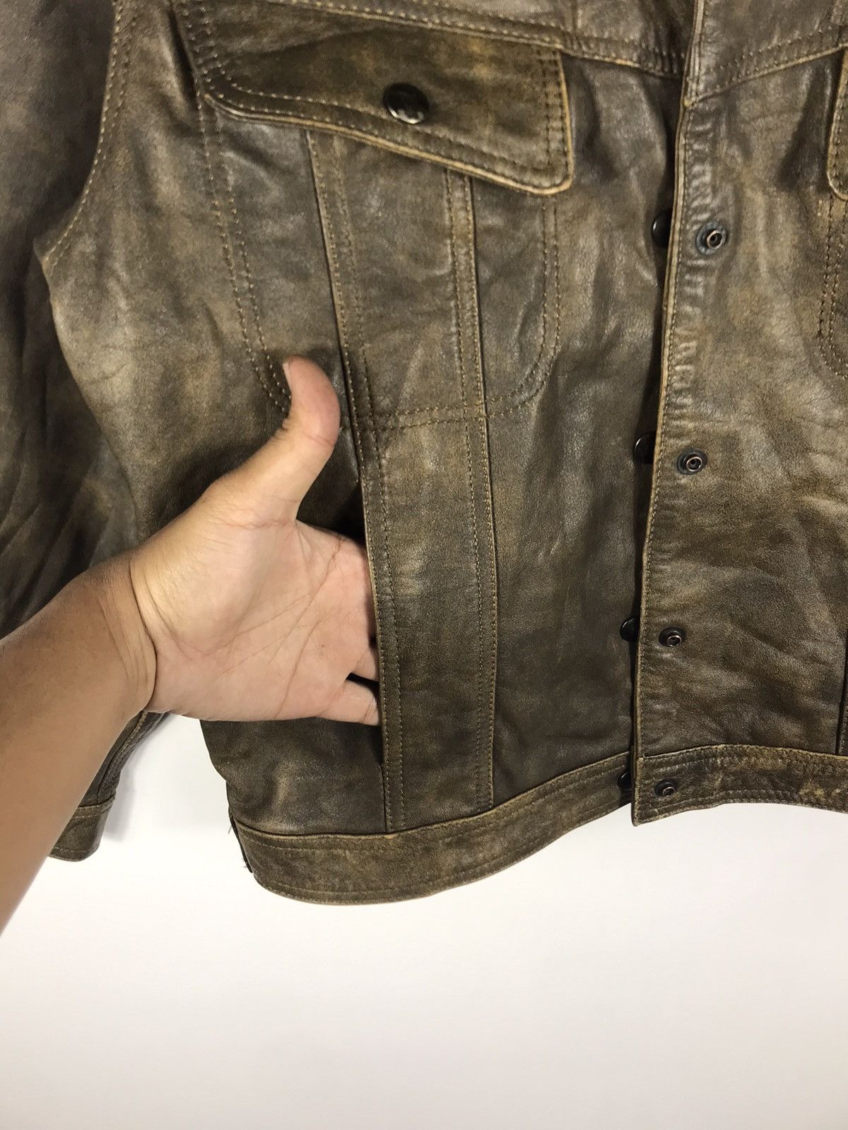 Japanese Brand × Vintage ⚡️Vintage Cross-Way Distressed Faded Leather Trucker Jacket Size XS / US 0-2 / IT 36-38 - 8 Thumbnail