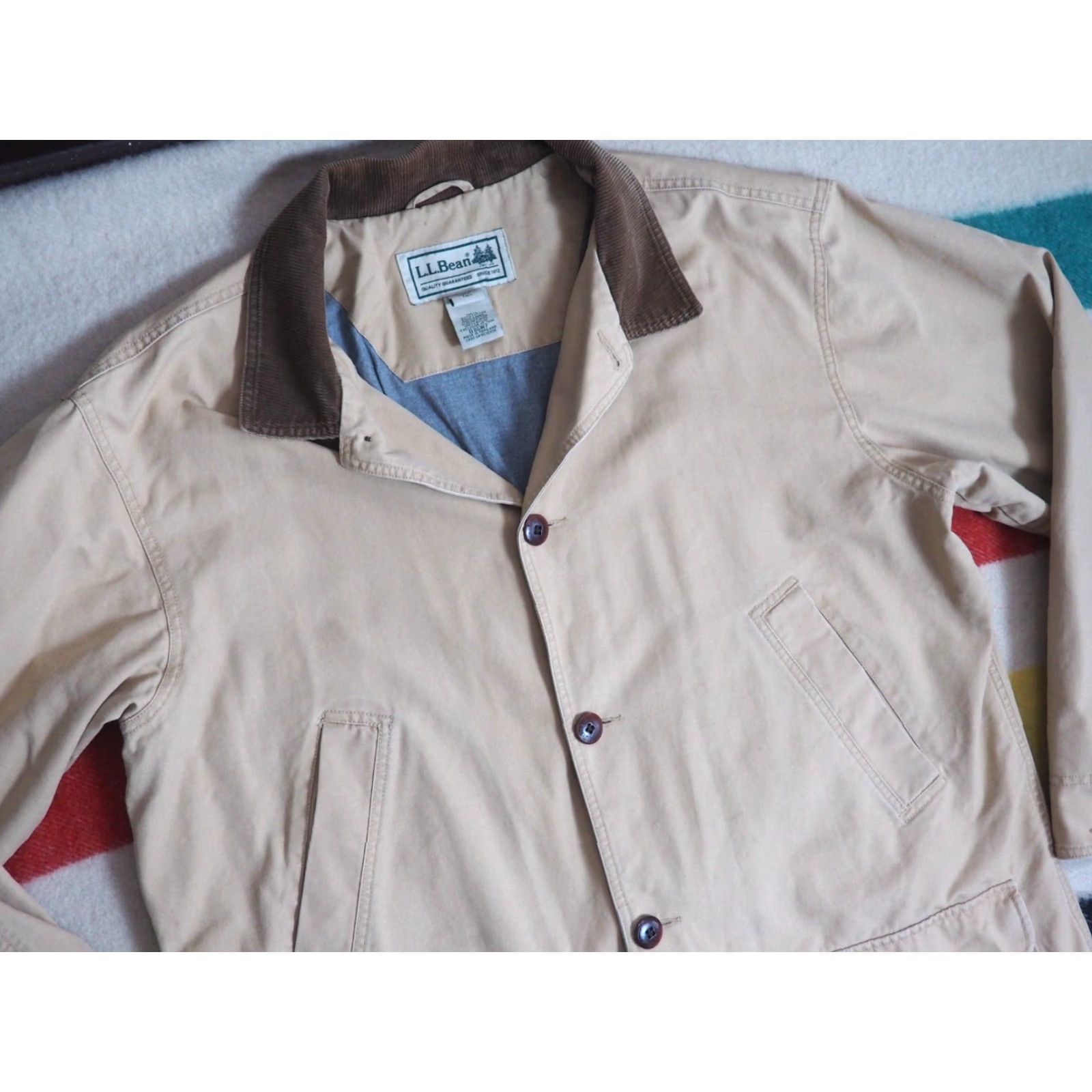 Vintage VINTAGE LL Bean Jacket Chore Canvas Beige Tan 90s Mens XLT Button Collar Pockets Mid-Length - 26" Pit to Pit, 35" Length Size US XL / EU 56 / 4 - 3 Thumbnail