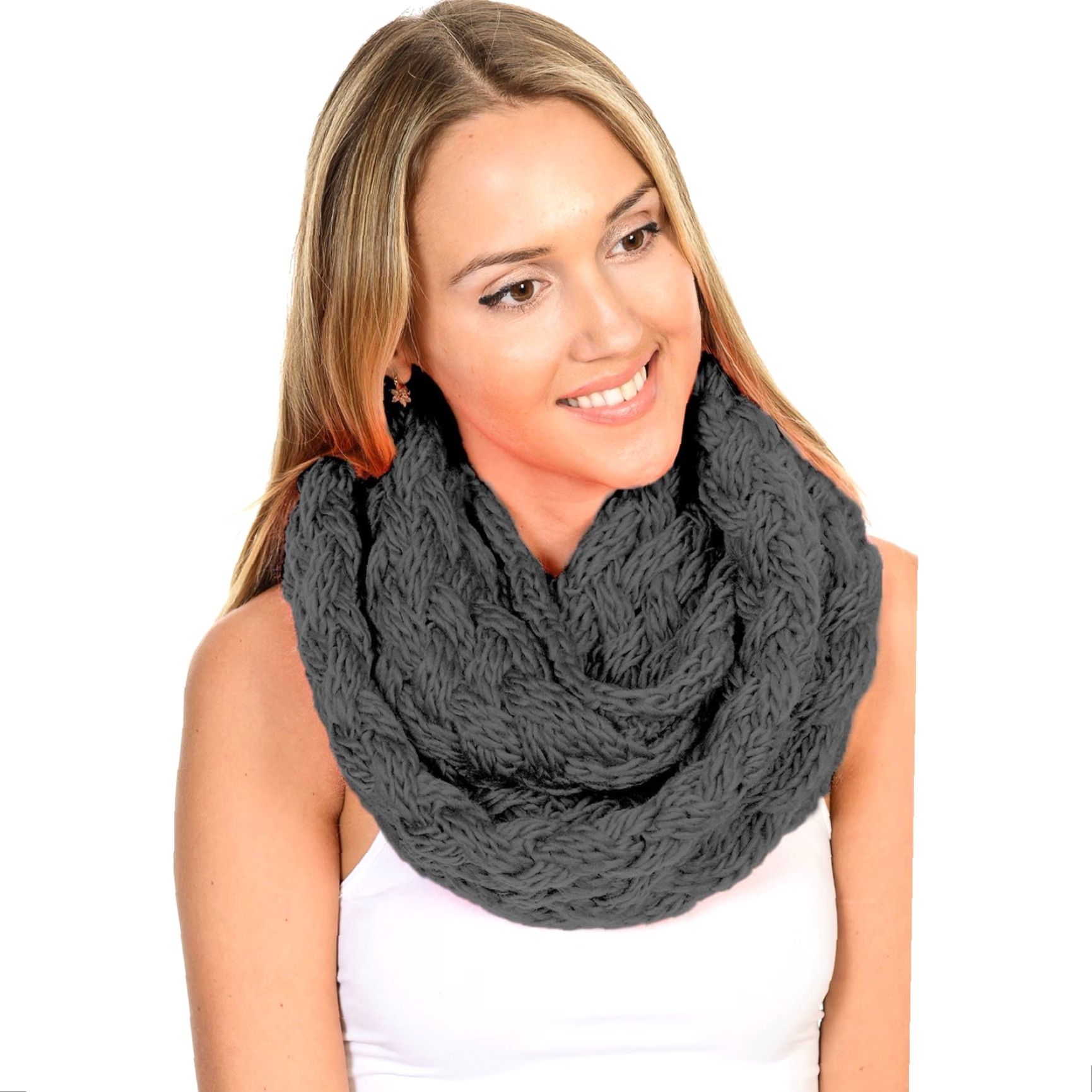 Vintage BASICO Winter Chunky Knitted Infinity Scarf Women Gray Charcoal Infinity Scarf Circle Loop Cable Warm Womens Winter Scarf Size ONE SIZE - 2 Thumbnail