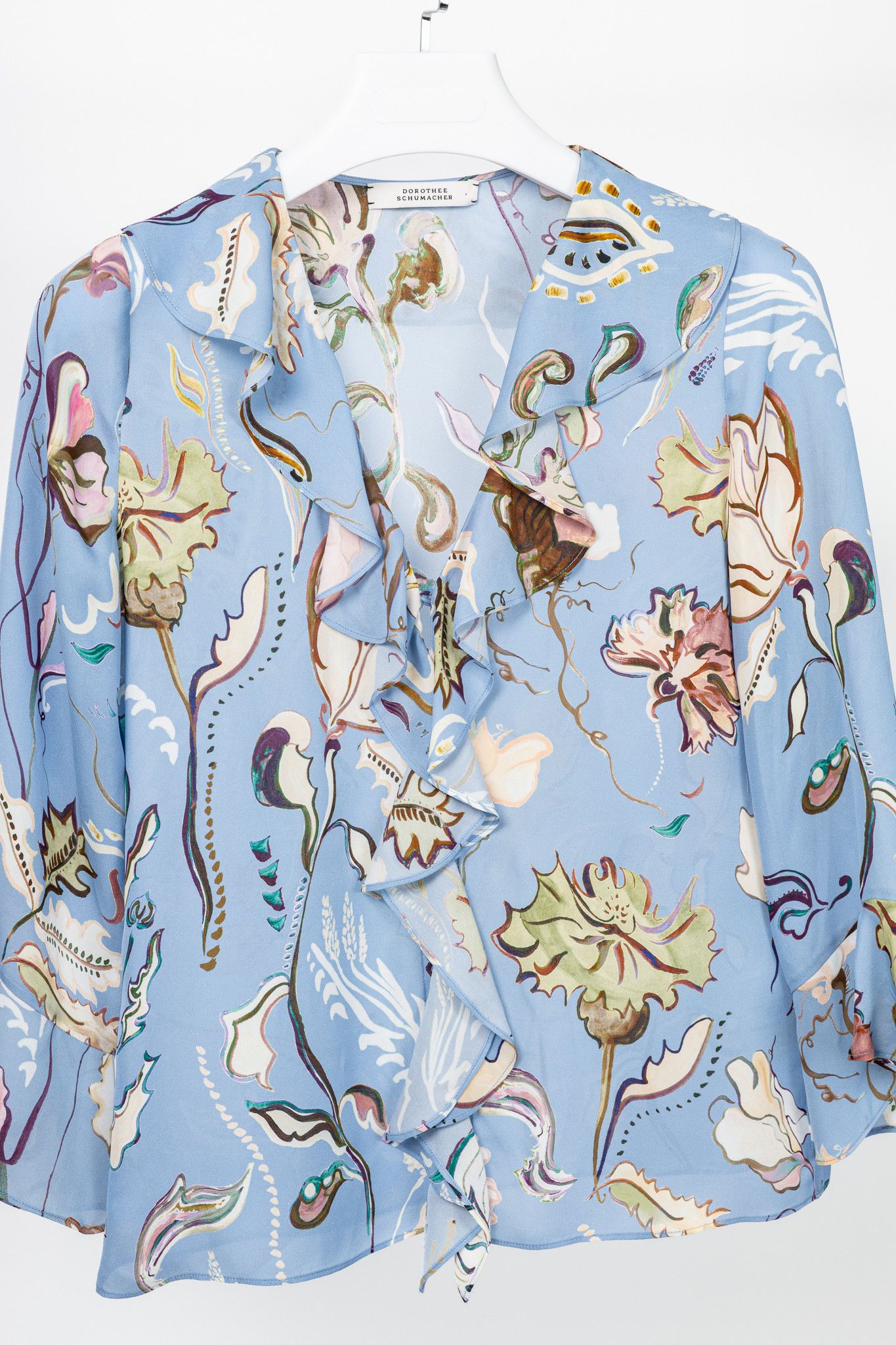 DOROTHEE SCHUMACHER Dorothee Schumacher Floral Twist Blue Silk Ruffle Blouse Size XS / US 0-2 / IT 36-38 - 3 Thumbnail