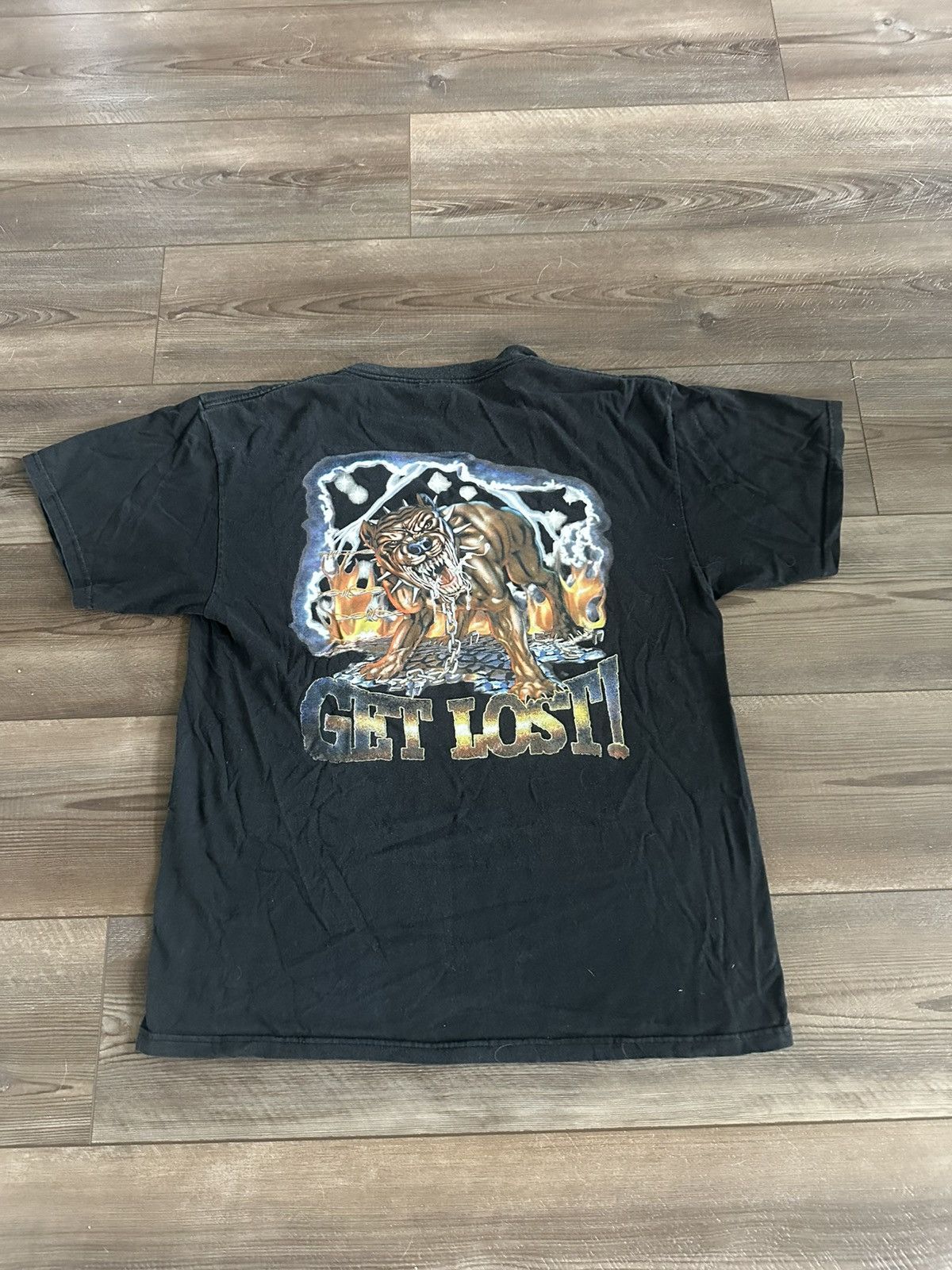 Band Tees × Vintage Vintage Y2K “GET LOST” Biker Pitbull Chain Flame T Shirt Size US L / EU 52-54 / 3 - 1 Thumbnail
