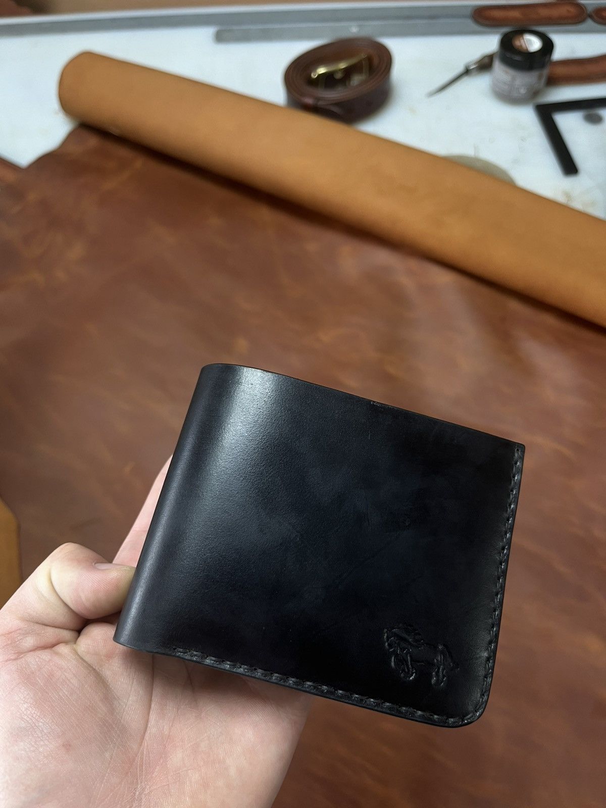 Other Handmade Black Leather Wallet Bifold Card Holder Coin Pocket Size ONE SIZE - 2 Thumbnail