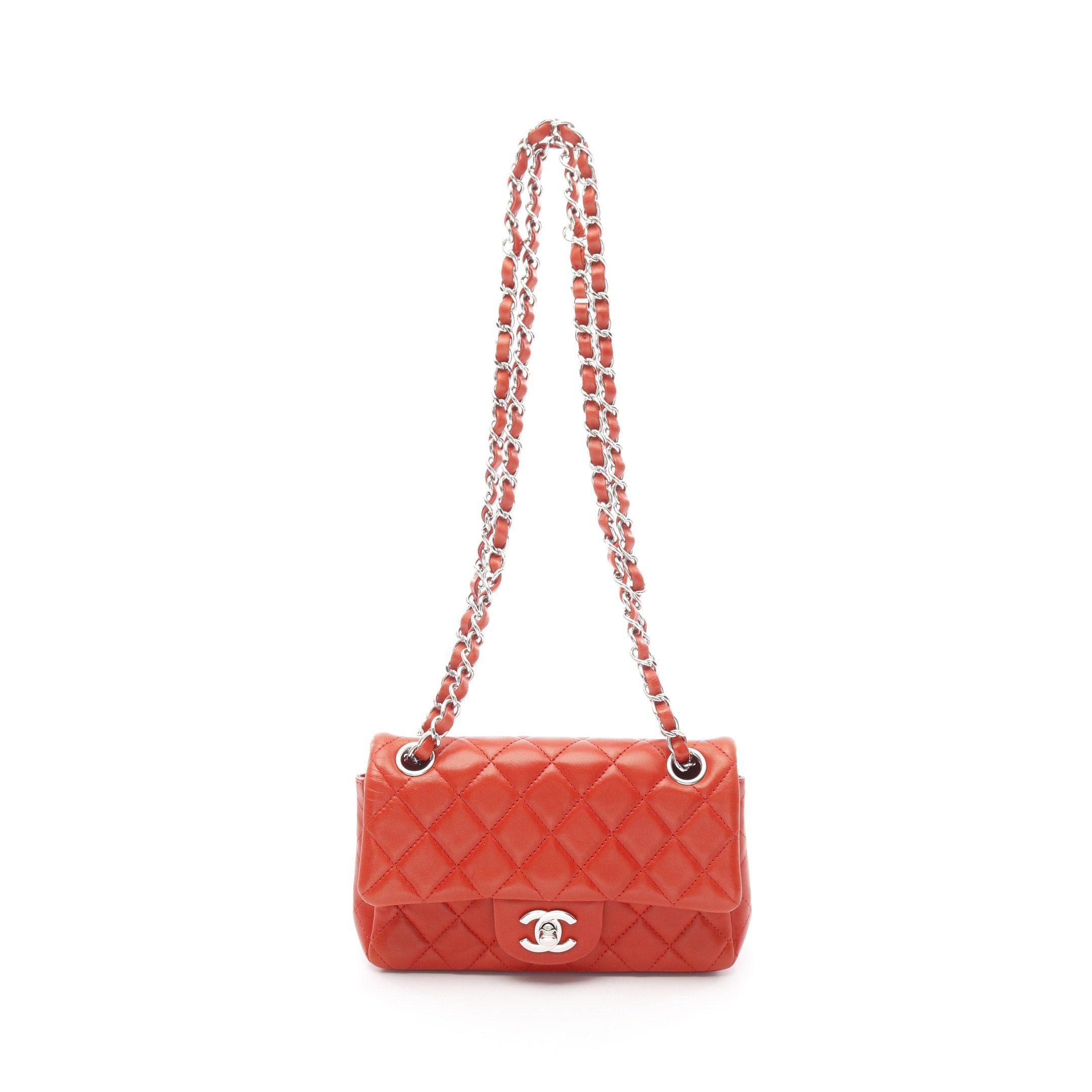 Chanel Matelasse Double Chain Shoulder Bag Lambskin Red Silver Hardware