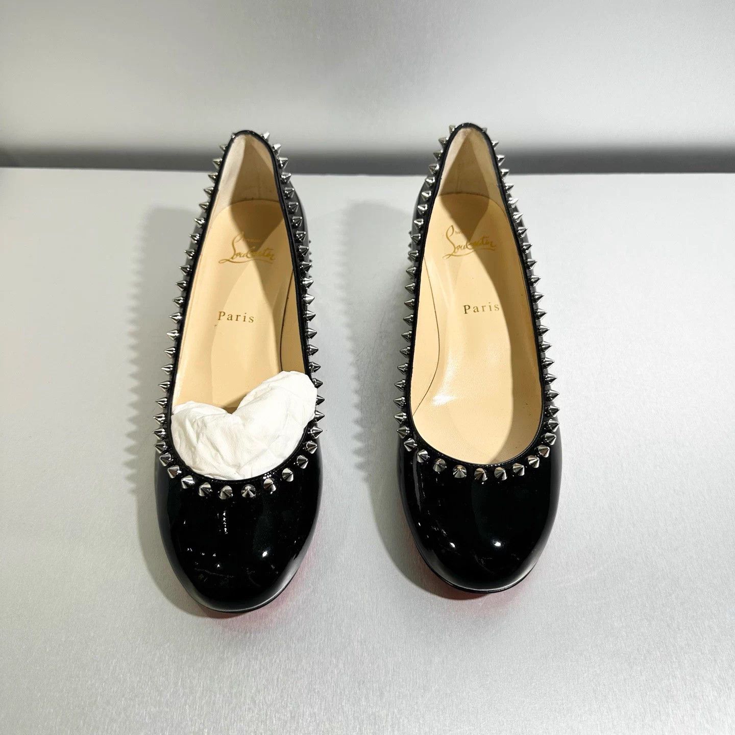 Christian Louboutin CL Black Patent Leather Riveted Flats Size 38 Size US 7 / IT 37 - 2 Thumbnail